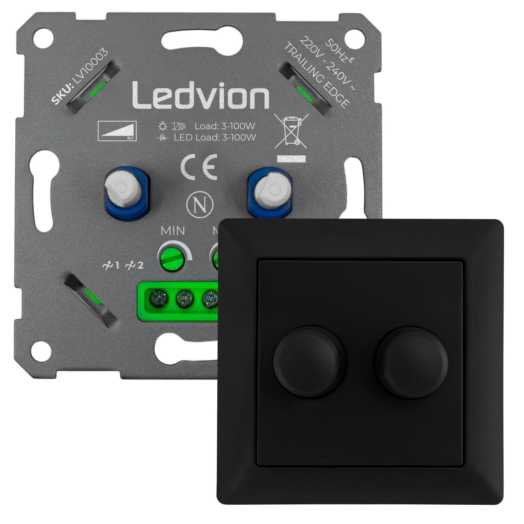 Ledvion Regulador LED Doble 2x3-100W Corte de Fase Negro