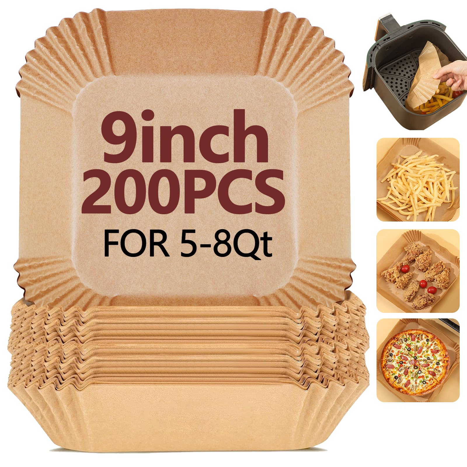 9 Inch Air Fryer Liners Disposable-200PCS Square Parchment Paper Liners,Heat Resistant &amp; Non-Stick,Unbleached Liners for Air Fryer,Oven,Roasting,Baking,Microwave（Bottom is 8 Inch）