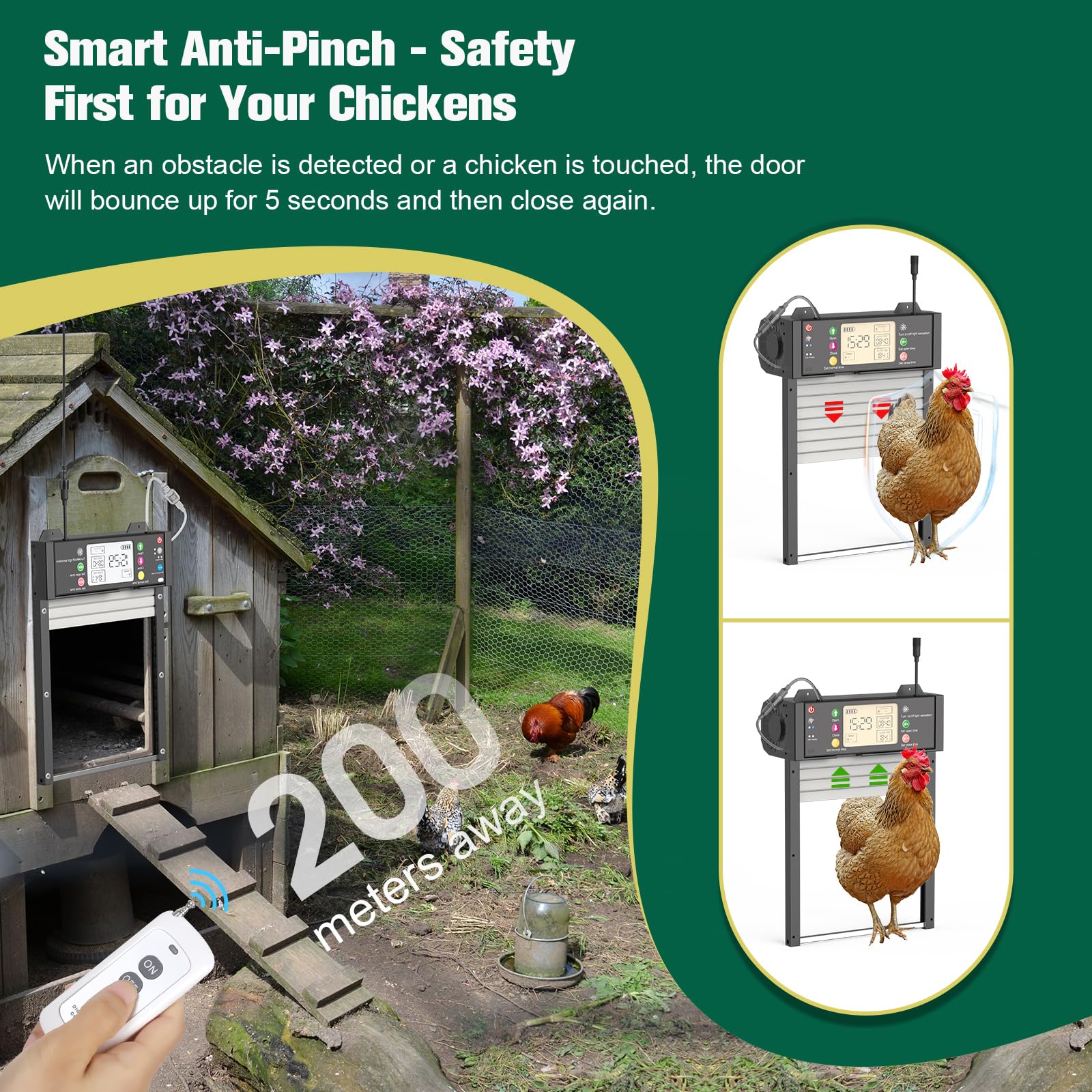 Puerta de pollo automática solar con aplicación, controlador, estado de puerta en tiempo real, puerta eléctrica automática con temporizador sensor de luz, mando a distancia