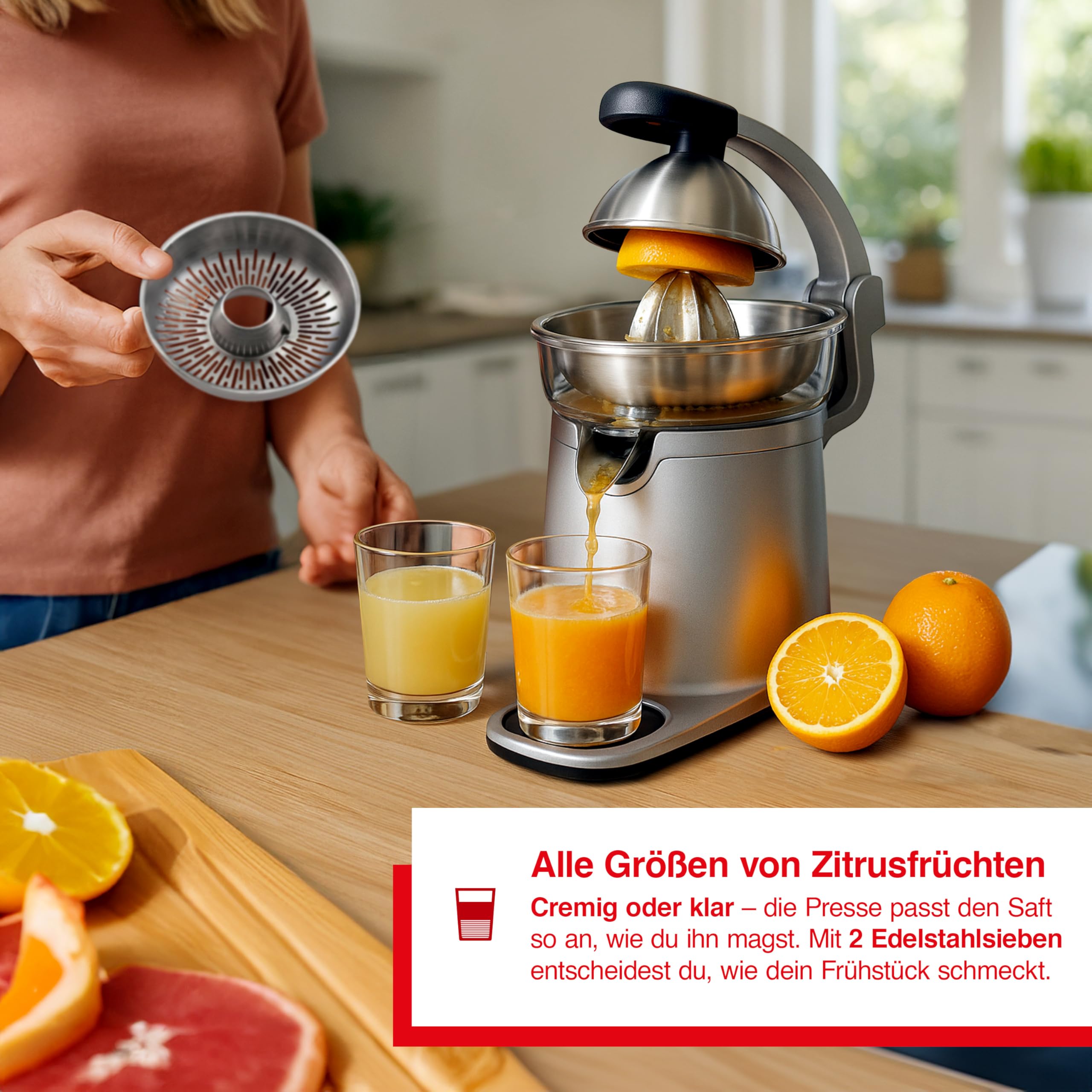 Solis Citrus Press Station 8454 Zitruspresse - Elektrischer Edelstahl Entsafter - Automatische Saftpresse - Spülmaschinenfest - Zitronenpresse | 230W, Edelstahlgehäuse, Presshebel mit 2 Sieben, Anti-Tropf-Funktion, BPA-frei spülmaschinenfest