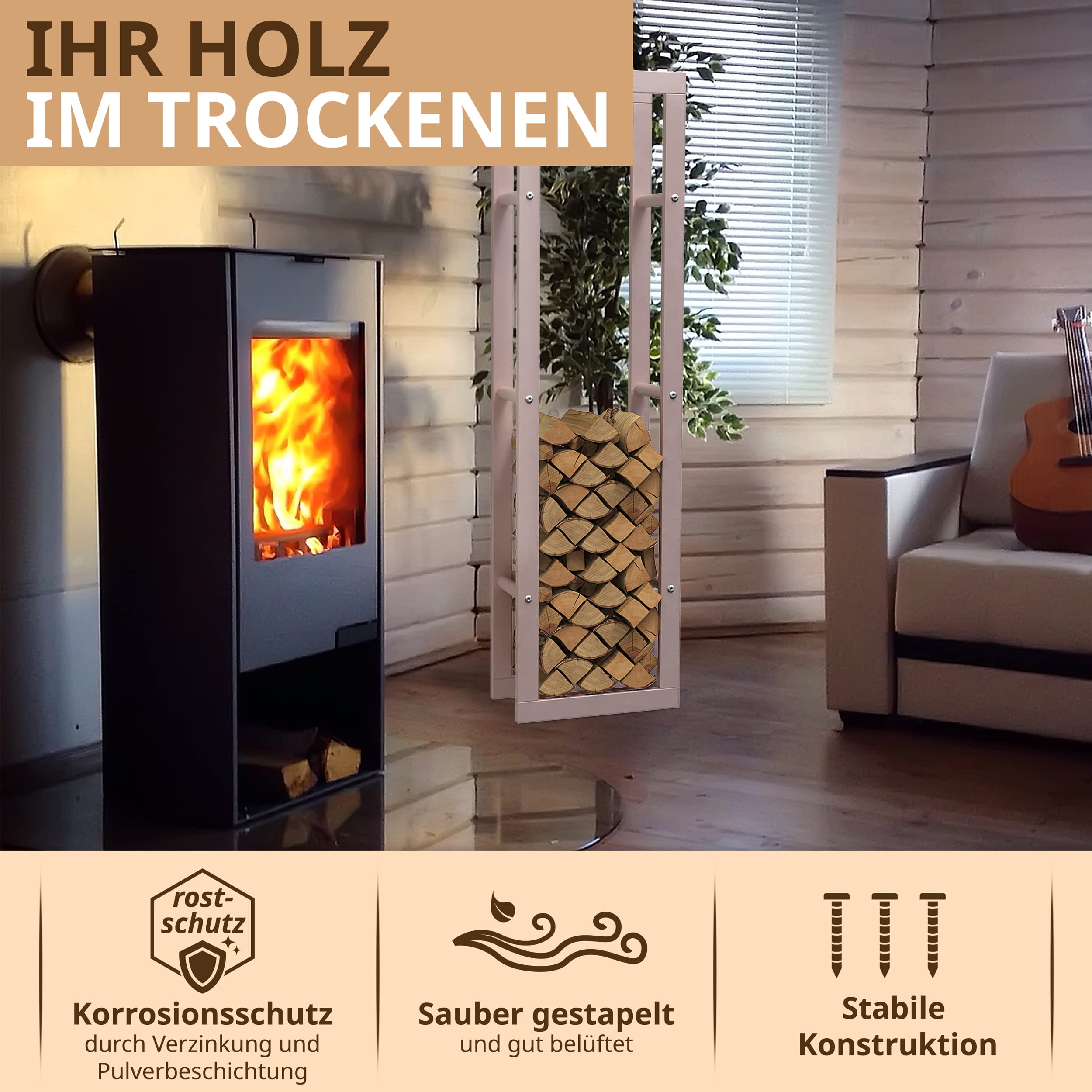 Kaminholzregal Metall innen VERZINKT 40x25x150 Feuerholzregal hoch Brennholzregal außen Kaminofenregal Kaminholzständer Holzlege Holzregal (RAL 9001 Cremeweiß) | 40 x 25 x 150 cm, Innen und Außen, Kaminholzständer, Brennholzständer