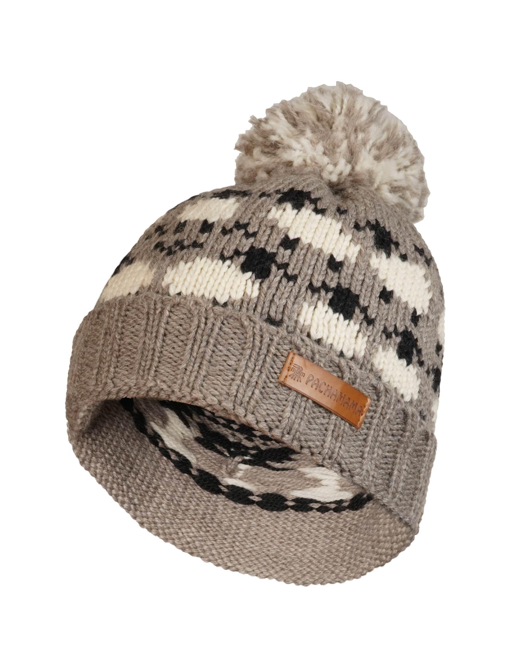 Pachamama Women 100% Pure Fine Merino Wool Beanie Bobble Hat Handknitted Sheep Flock Design One-Size Handmade Soft Warm Breathable Moisture Wicking Fair Trade (UK, Alpha, One Size, Mushroom)