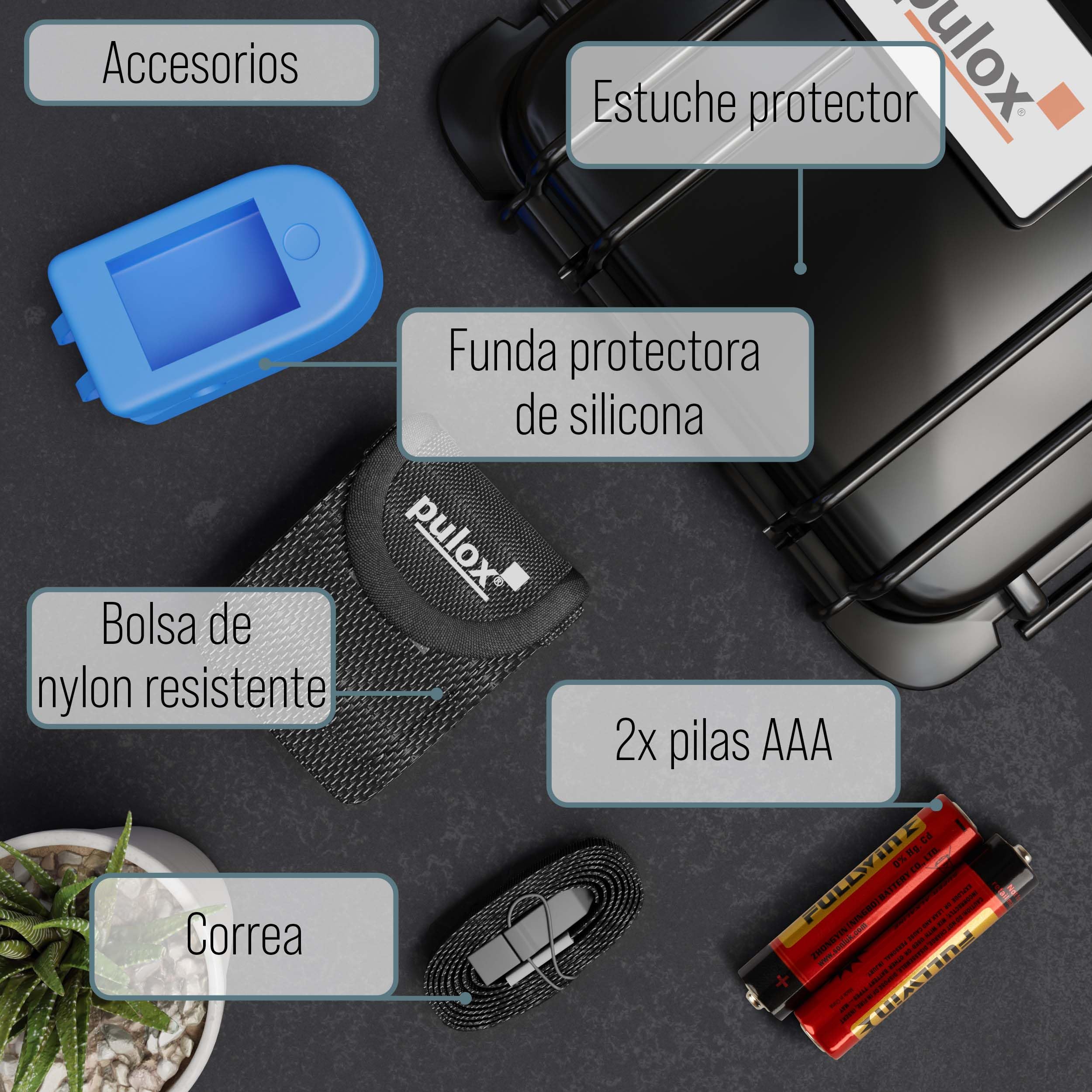 Pulsioxímetro Pulox PO-200 Set- Oxímetro de dedo profesional con accesorios - Para medir pulso, SpO2 y Índice de perfusión