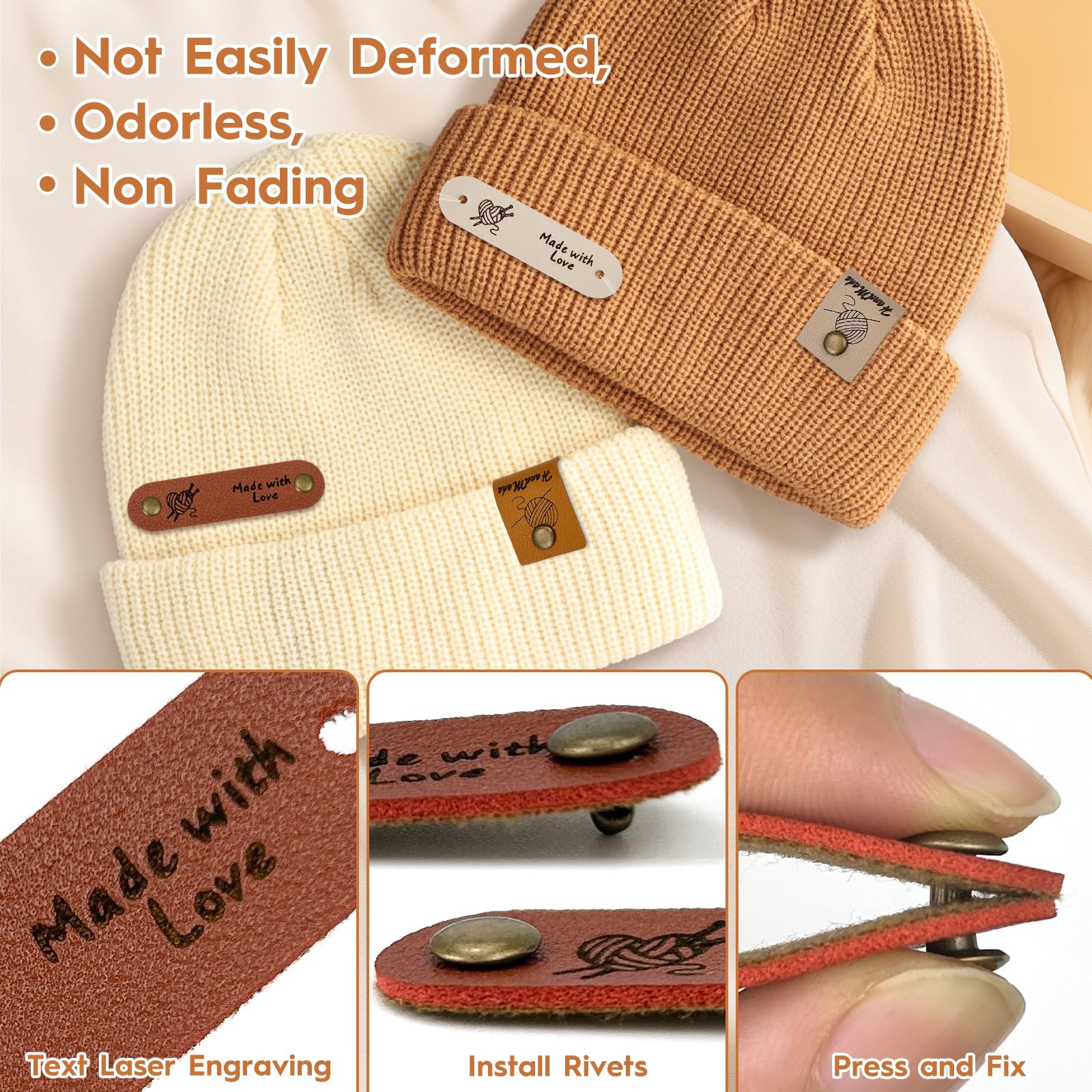 Lot De 20 étiquettes En Cuir PU Pour Couture, Tricot - Fait Main, Couleurs Assorties, Avec Rivets - DIY, Personnalisation