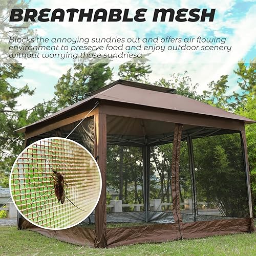 Miniatura 2 de Gazebo de 10 x 10 pies, carpa desplegable para exteriores con mosquitera, techo doble para jardín, patio trasero y patio, color marrón