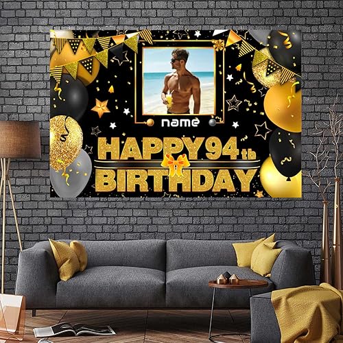 Miniatura 7 de Cartel decorativo personalizado de feliz cumpleaños 94  Personalización disponible  Negro y dorado  Tamaño grande  Admite fotos y nombres