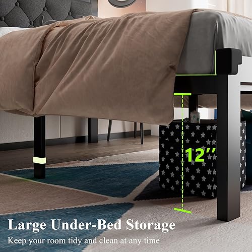 Miniatura 6 de Feonase Base de cama de metal tamaño individual con cabecera tapizada de lino, base de cama de plataforma resistente con almacenamiento de 12