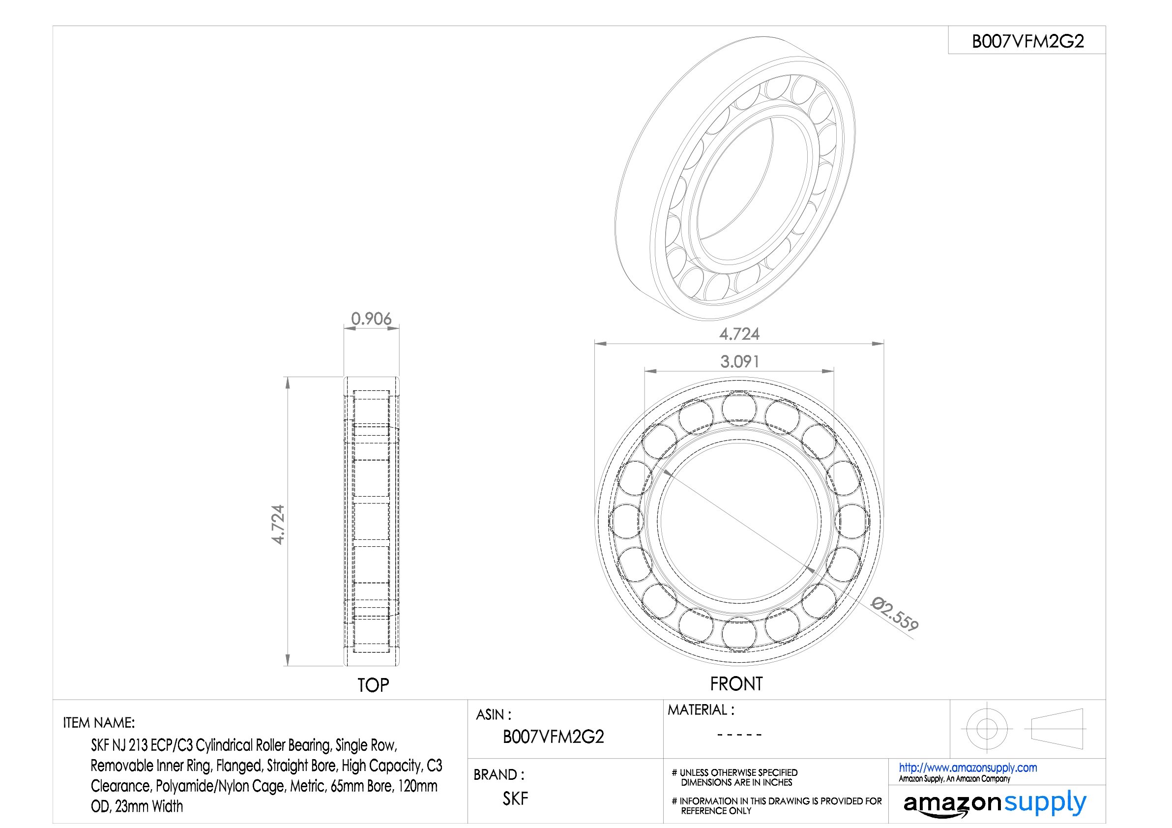 SKF Rodamiento de rodillos radiales cilíndricos, 65 ID, acero de rodamiento