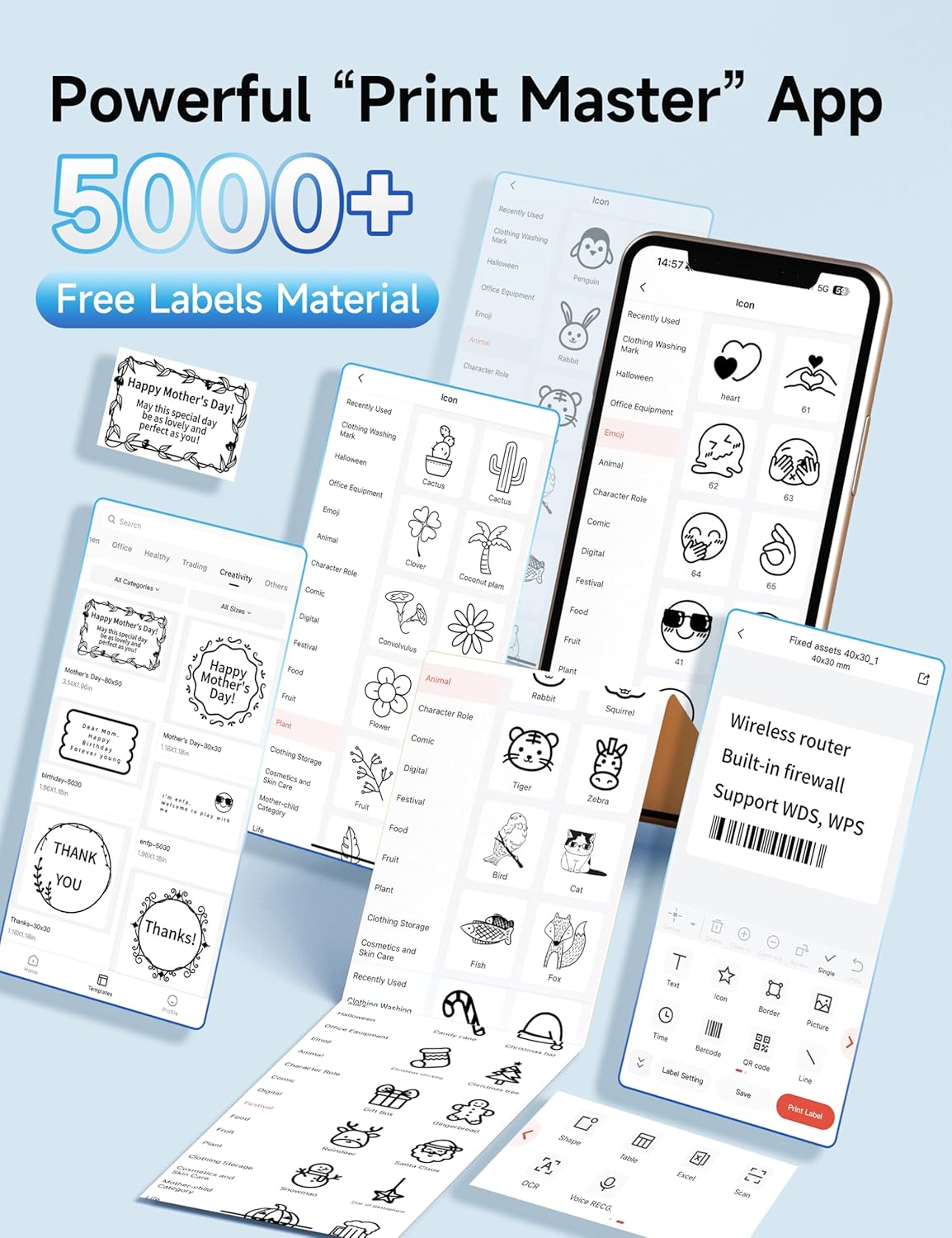 Screenshots of the 'Print Master' app interface showing various design options and templates