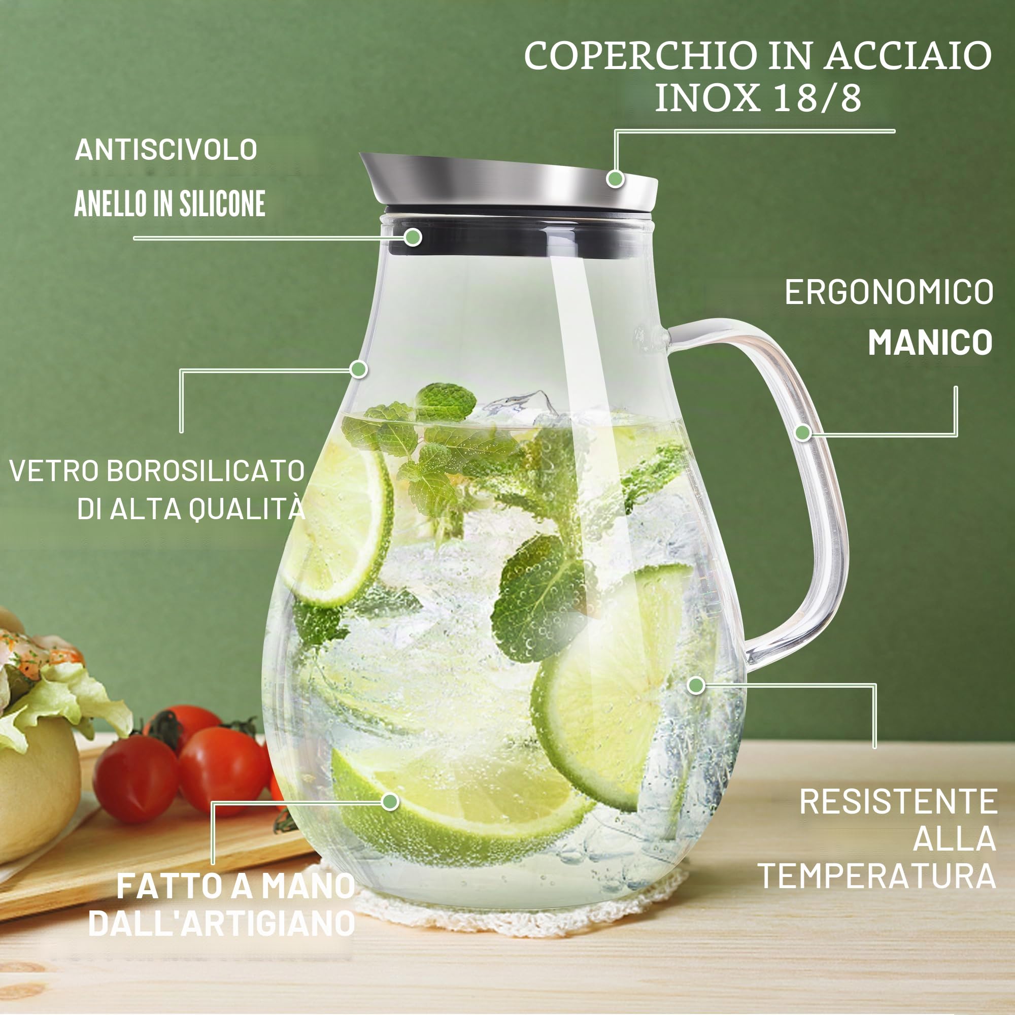 SUSTEAS Caraffa in vetro da 2 litri con coperchio e beccuccio, caraffa per acqua, brocca da tè ghiacciata, per bevande casa/tè ghiacciato/latte/caffè/vino di servizio