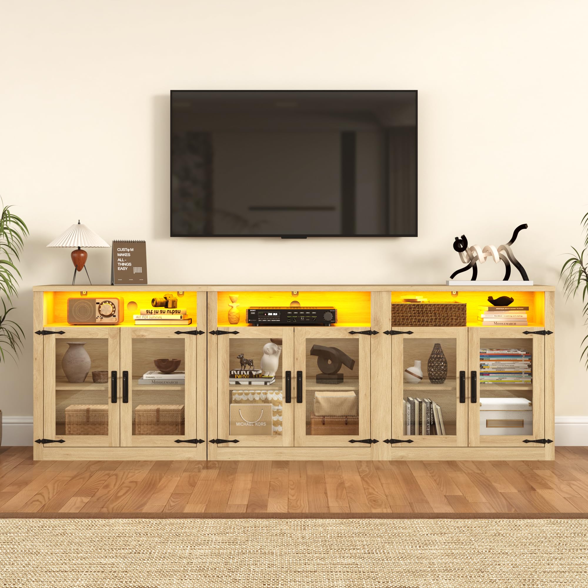 Assembled chartustriable 94.5 inch TV Stand and Media Console Set in an oak finish, showcasing LED lighting and glass doors.