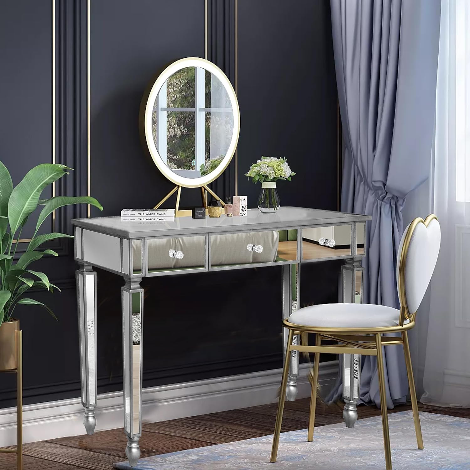 Goujxcy Mirrored Console Table Makeup Vanity Table Dressing Desk with 3 Drawer, 41" Silver Sofa Table Modern Glass Accent Tables for Bedroom Dressing Room Living Room (Sliver)