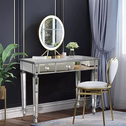 Miniatura 2 de Henf Mesa de consola con espejo, mesa de tocador de maquillaje, mesa de entrada plateada de 3 cajones para mujeres y niñas, entrada, hogar, oficina,