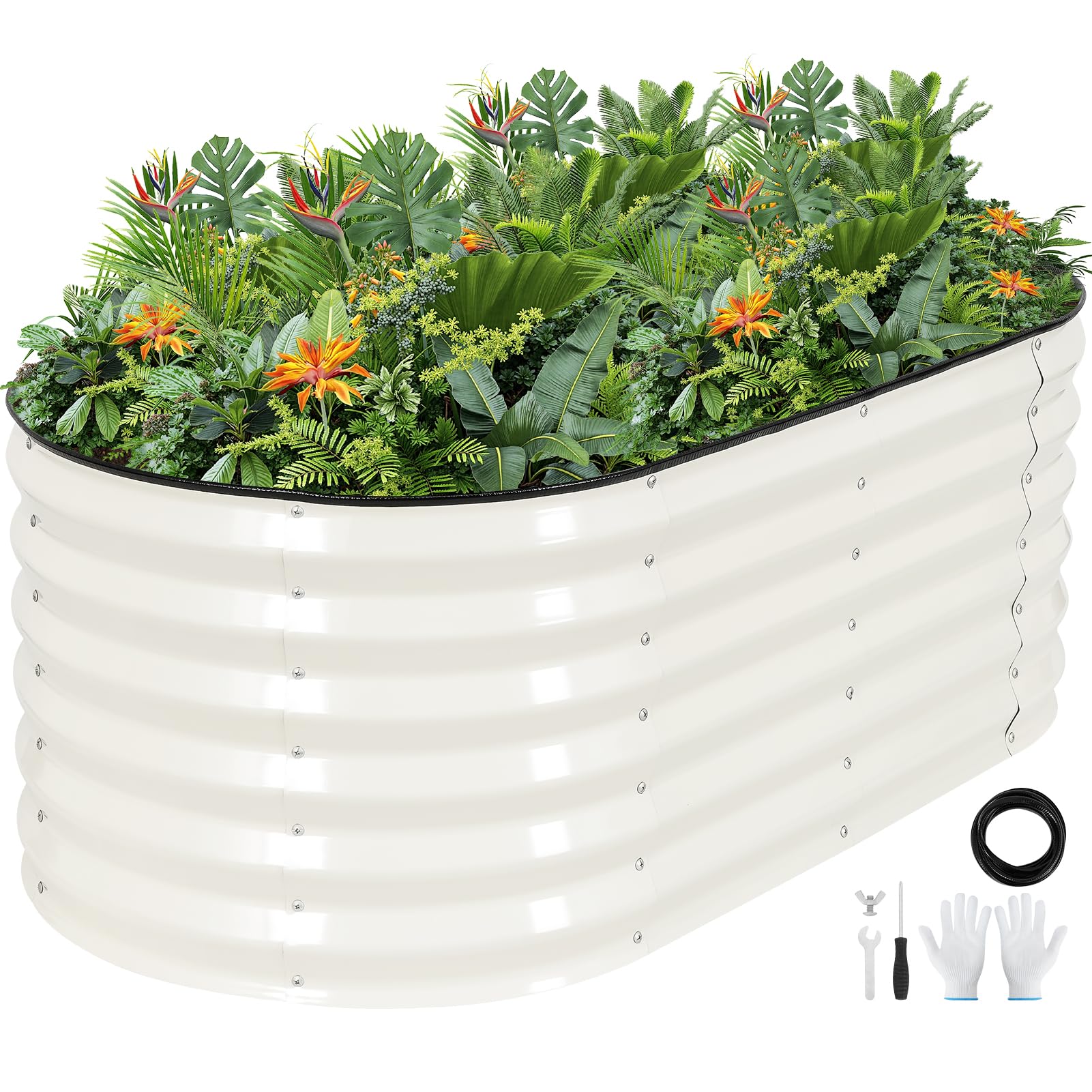 Vireo Garden White Galvanized Metal Raised Garden Bed Kit -120X60x43cm Outdoor Planter Box With Safety Edging And Gloves For Vegetables, Fruits, Flowers.-1Pack