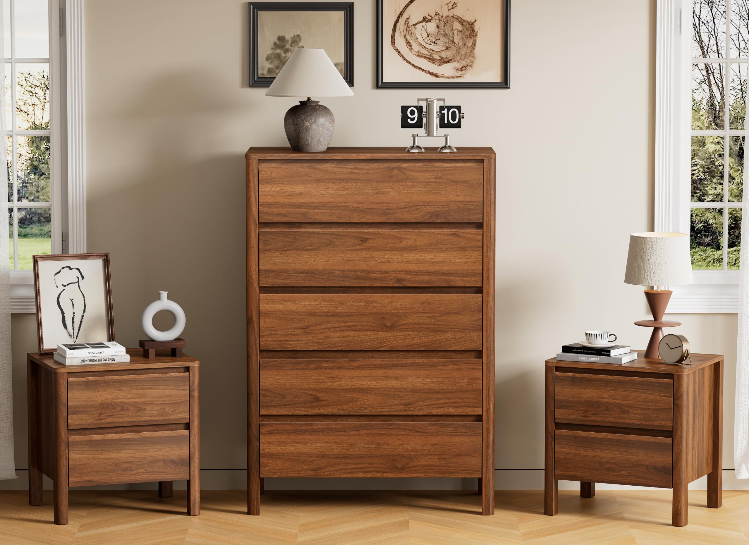 Furniway Walnut Mid-Century Modern Dresser and Nightstand Sets 3 Piece