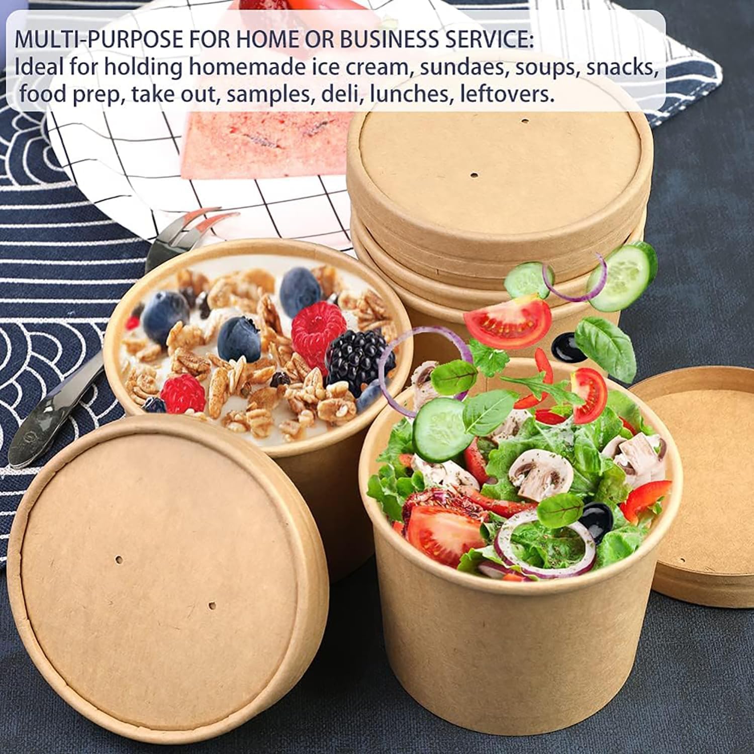 [25 juegos – 8 onzas] Recipientes de papel kraft para sopa de alimentos con tapas ventiladas, cuencos desechables para microondas, tazas de helado, ideales para restaurantes – 30 etiquetas