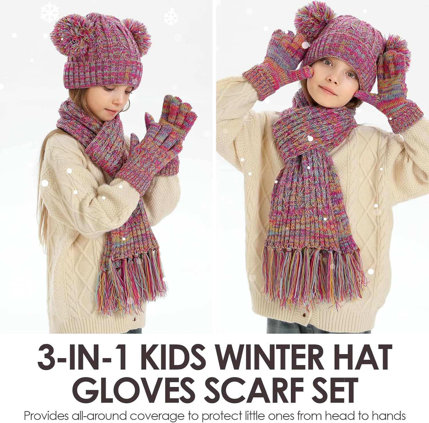 Kids Winter Hat Gloves Scarf Set for 2-15 Years Girls Warm Fleece Lined Pompom Beanie Hat Neck Warmer and Gloves - Image 5