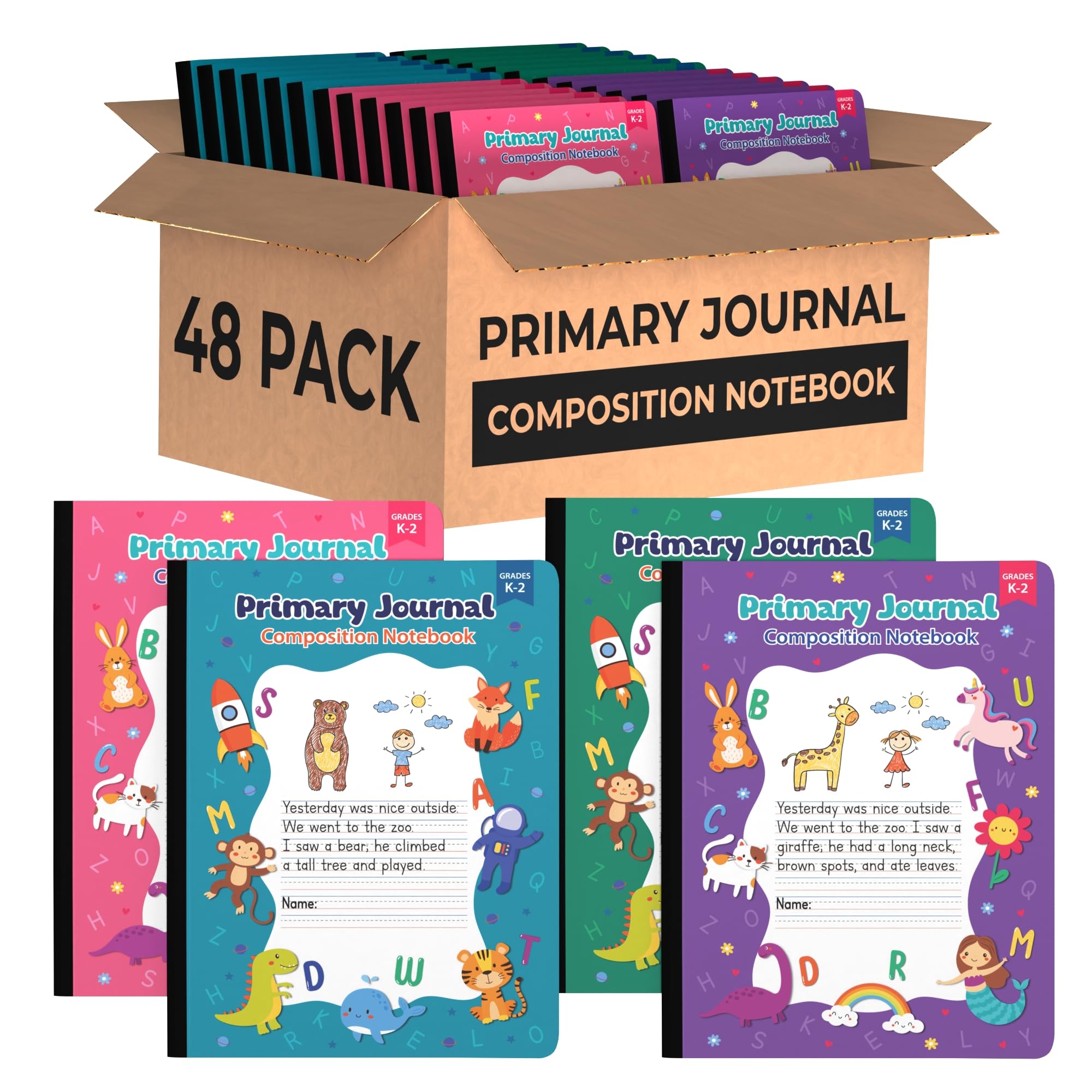 ScribbleMate Primary Journal Grades K-2, Primary Composition Notebook K-2, Assorted Colors & Designs Writing Journal, 100 Sheets/200 Pages 9.75 x 7.5