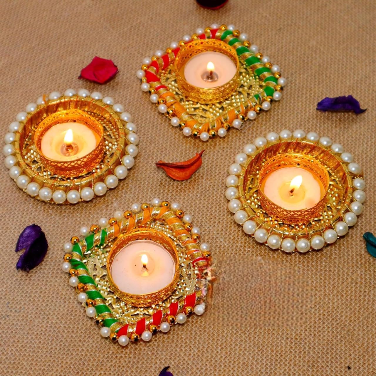 MTRXX Handmade Decorative Diwali Tealight Candle Set | Round & Square Pearl Wax Candles for Home & Festival Decoration (Set of 4)