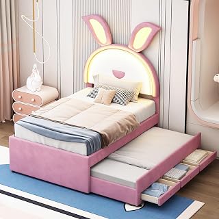 Idemon Cama infantil tapizada 90 x 200 cm, tela de terciopelo, sofá cama individual acolchado multifuncional con cama extraíble, cajón de almacenamiento y luz que cambia de color (rosa), LDU00060