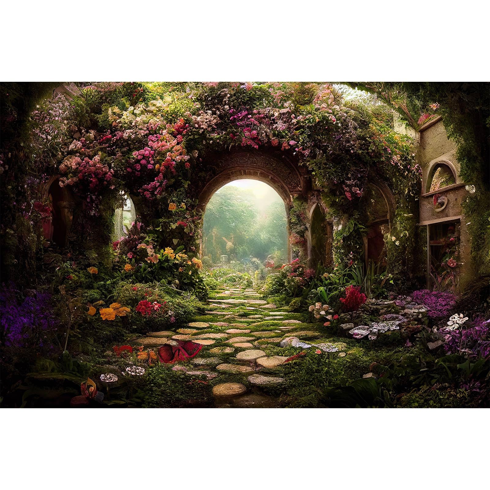 Garden Aquarium Background Mysterious Fantasy Garden with Archway and Flowers Terrarium Background Fairytale Garden Colorful Flowers Fish Tank Background Foggy Forest Reptile Background 24x16in