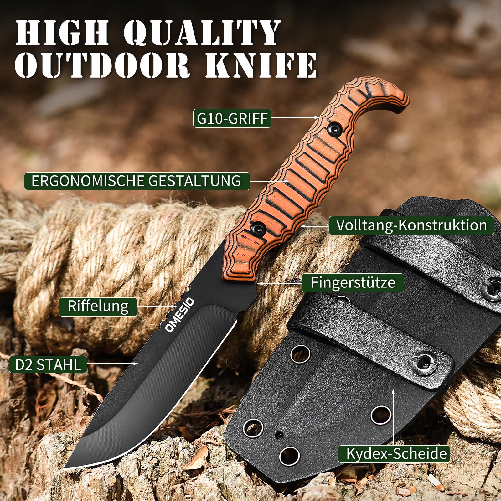 Omesio Outdoor Messer Survival M-FT15, D2 Stahl Full Tang mit Kydex Scheide Gürtelmesser, 9 cm Klingenlänge Kleines Jagdmesser, Schwarzer Klinge + Orange G10-Griff Zweifarbig für Angeln Geschenk