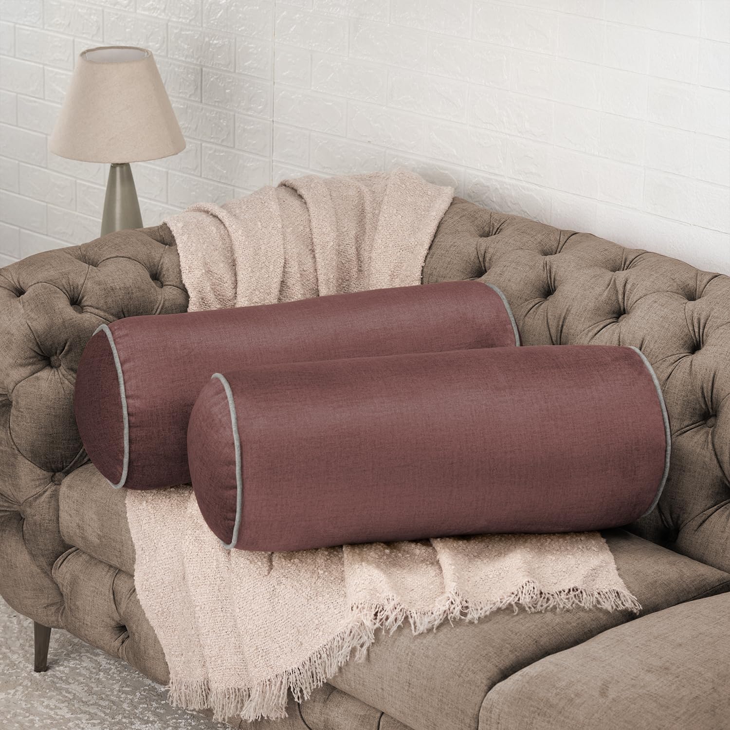 Wakefit Super Soft Bolster Pillow | Set of 2 | 25x10 Inch | Hollow Fiber Filling & Premium Textured Upholstery Fabric | Machine Washable Pillow | for Bed, Sofa & Diwan | Rose Brown