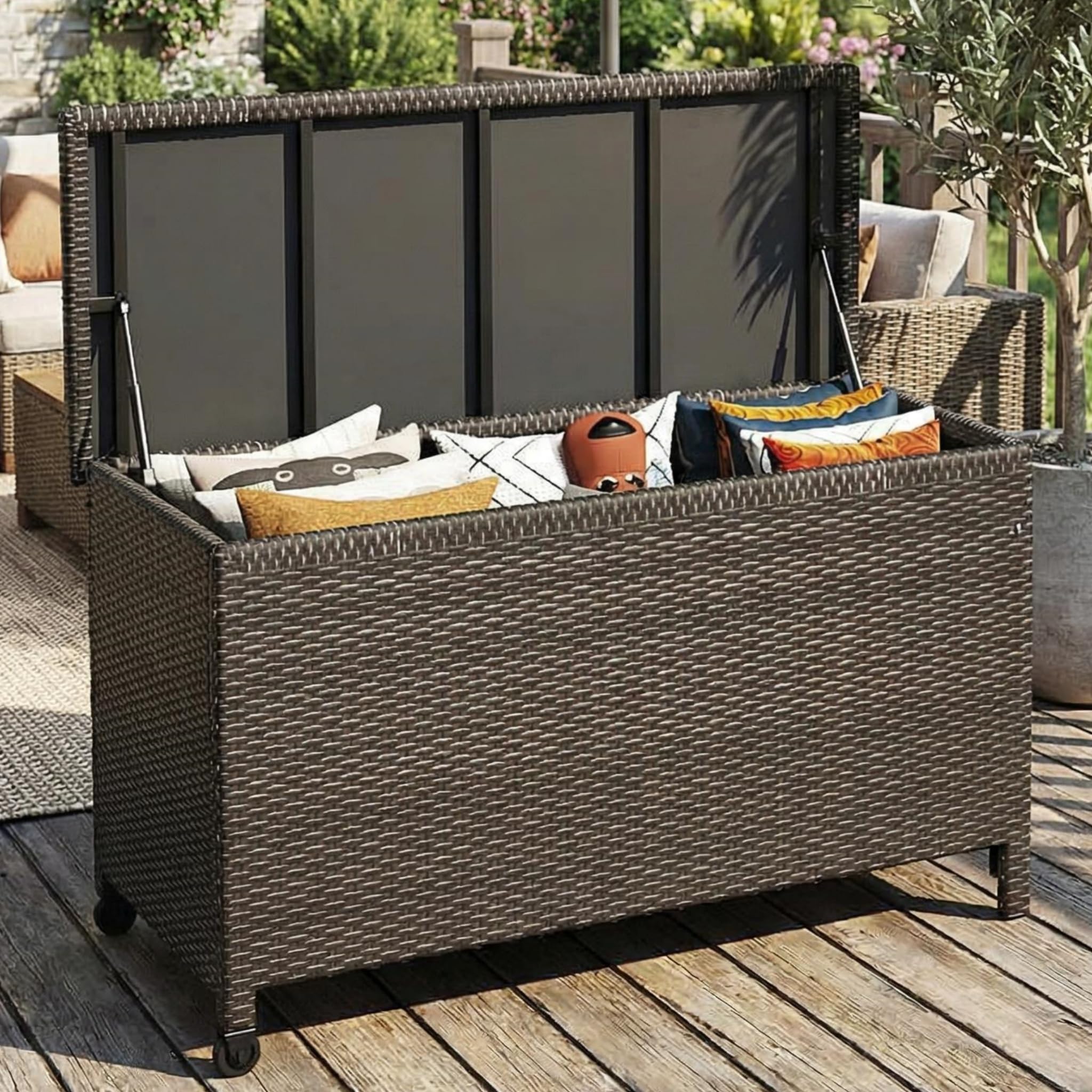 Garvee Grand Coffre De Rangement Extérieur 125 Gallons (473 l) Sur Roulettes, Résine Tressée Imperméable, Poignées Robustes, Idéal Pour Jardin, Terrasse, Piscine Et Balcon