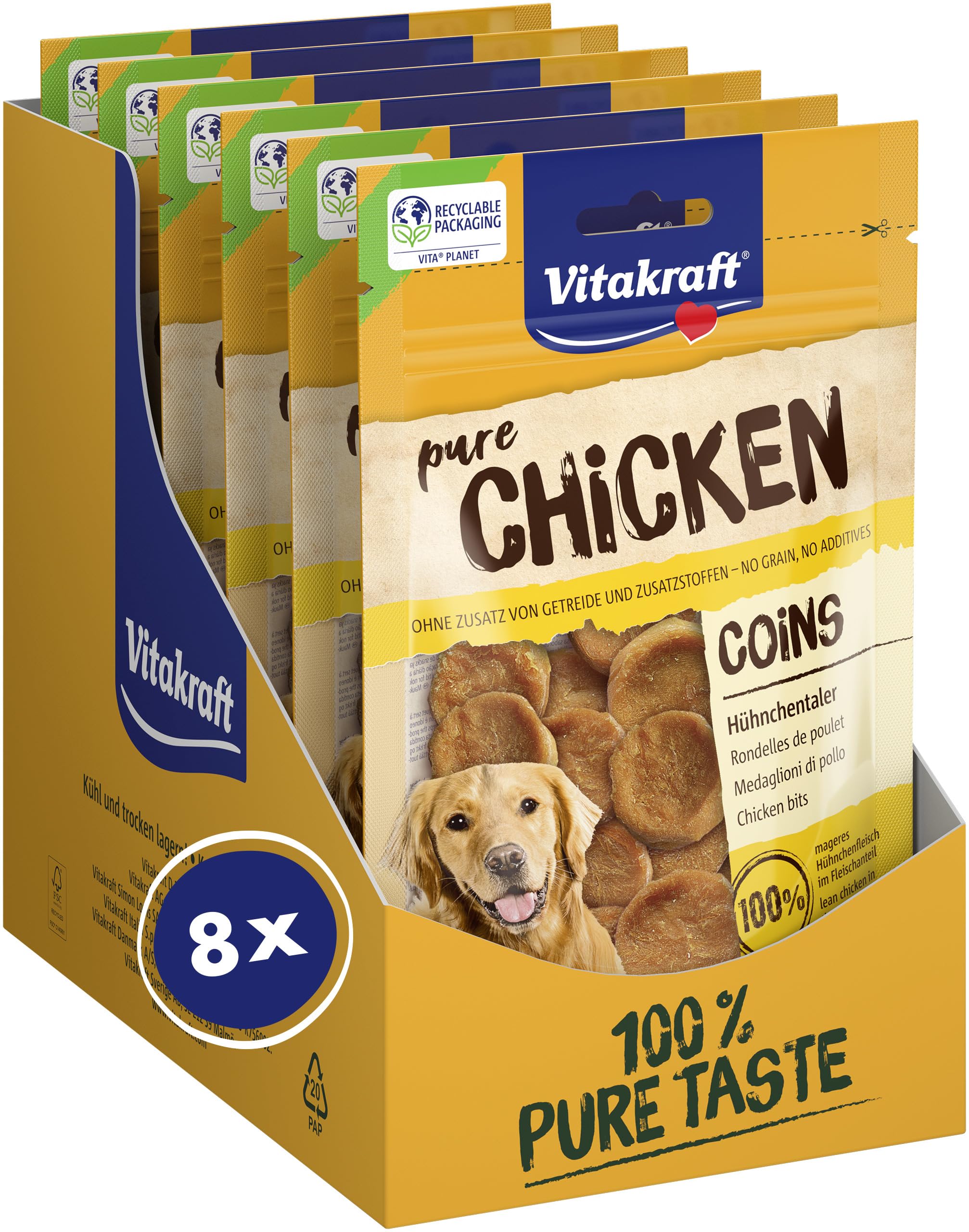 Vitakraft Pure Chicken Coins, Hundeleckerli, Hühnchentaler, Hunde Trainingsleckerli, ohne Zusatz von Zucker (8x 80g)