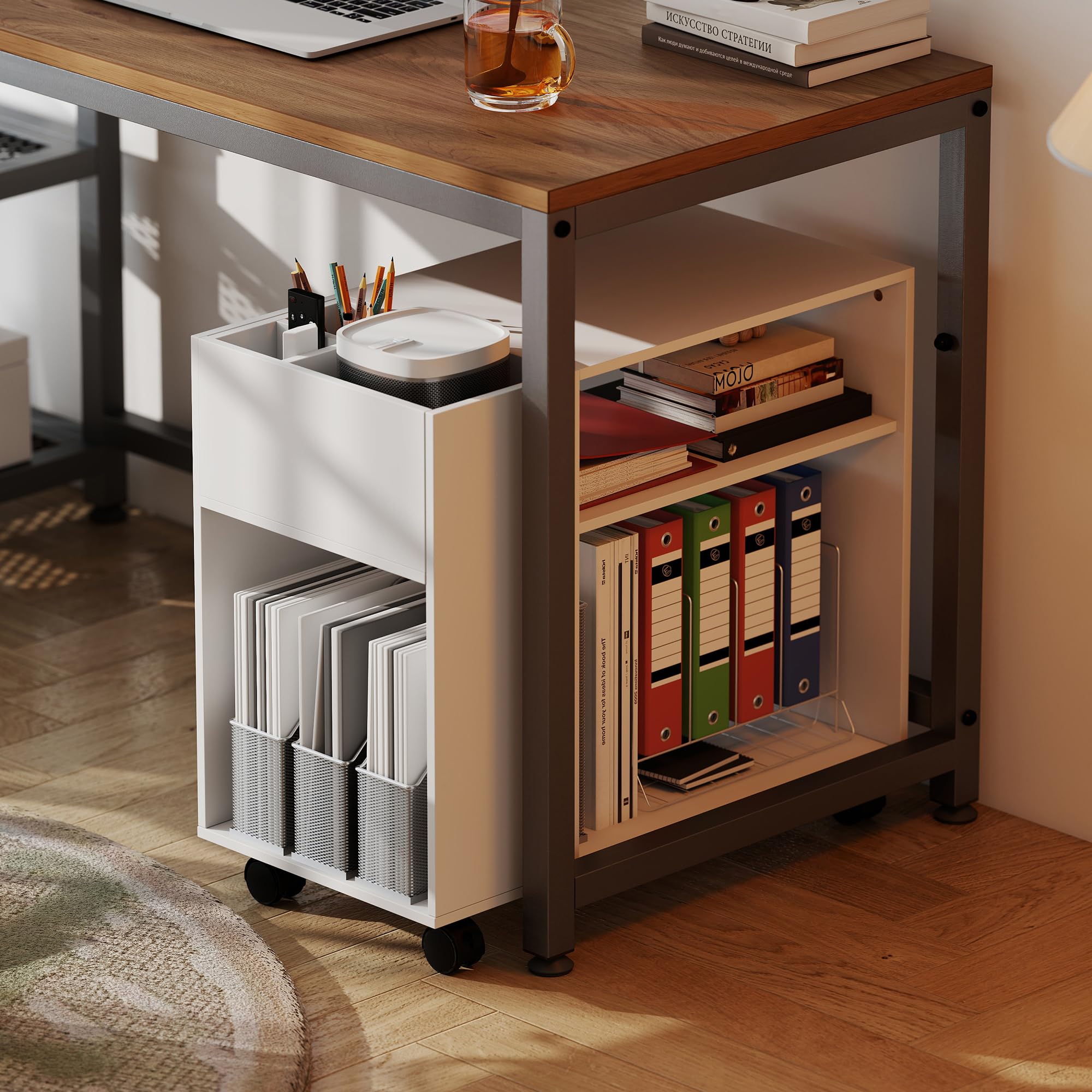 HOMCOM Meuble pour imprimante avec roulettes, meuble de bureau multifonctionnel avec compartiments ouverts, étagère et compartiment, table de chevet pour salon, chambre, bureau et , 70x36x60