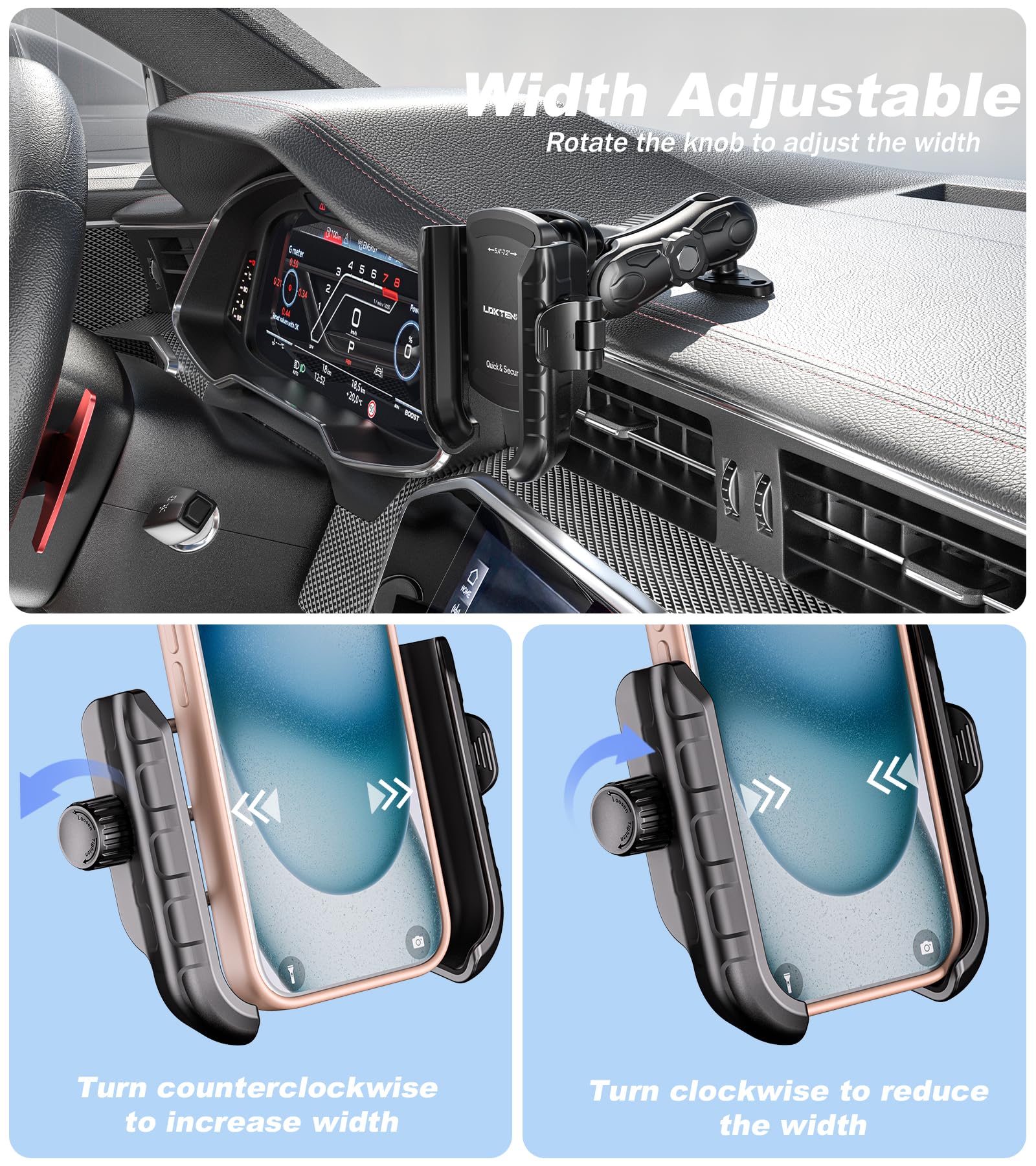 LOKTENWO Anti-Vibrations-Telefonhalterung mit Vibrationsdämpfer [Kamera ohne Blockierung] [1s Lock & Release] mit mittlerem Arm und Aluminium-Diamant-Basis für Auto, LKW, UTV, Boot, passend für