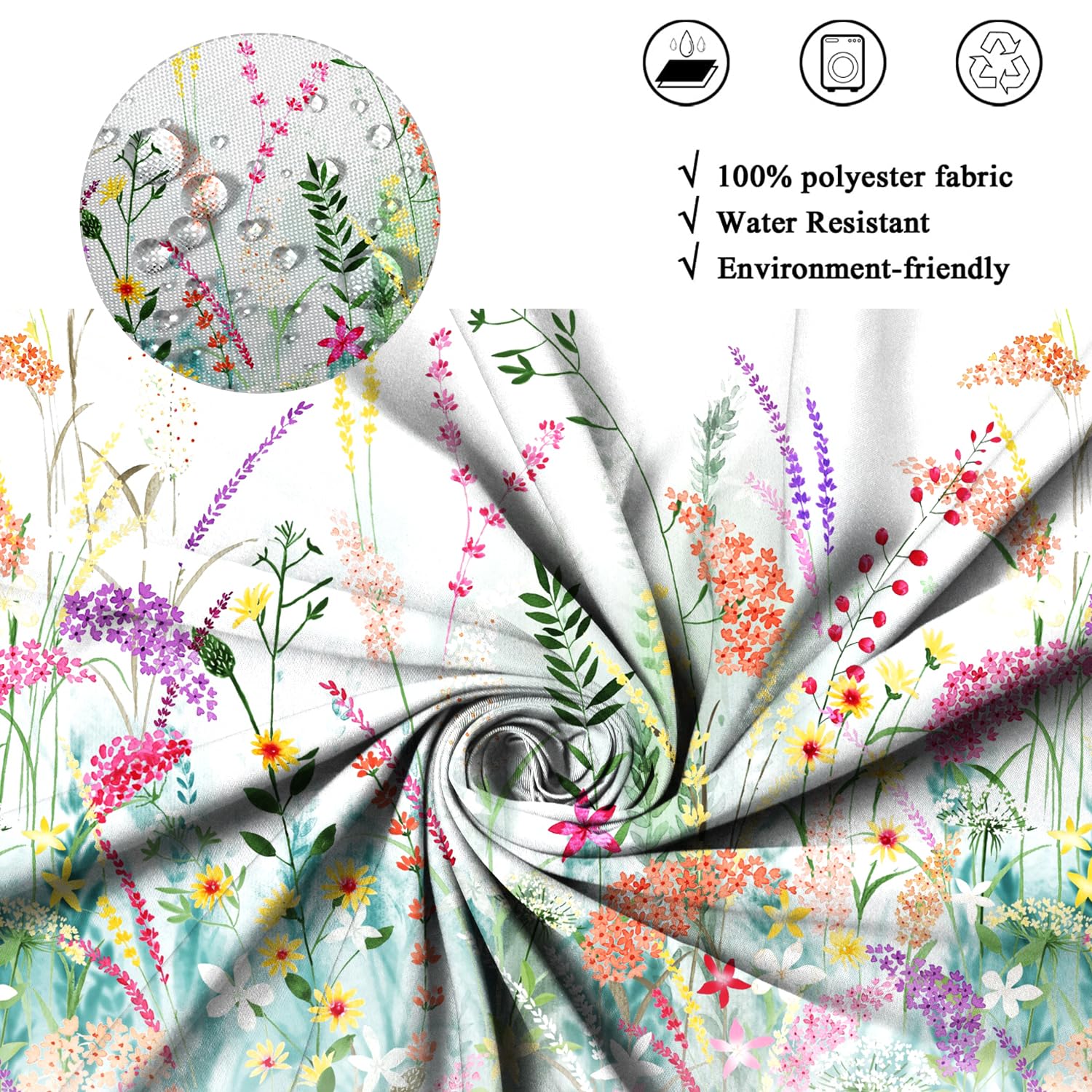 ASDCXZ Tenda da doccia con fiori 180x200 cm, primavera dipinta a mano rosso giallo lilla fiori colorati verde foglie bianco bagno lavabile tende da doccia in poliestere tessuto impermeabile tenda da