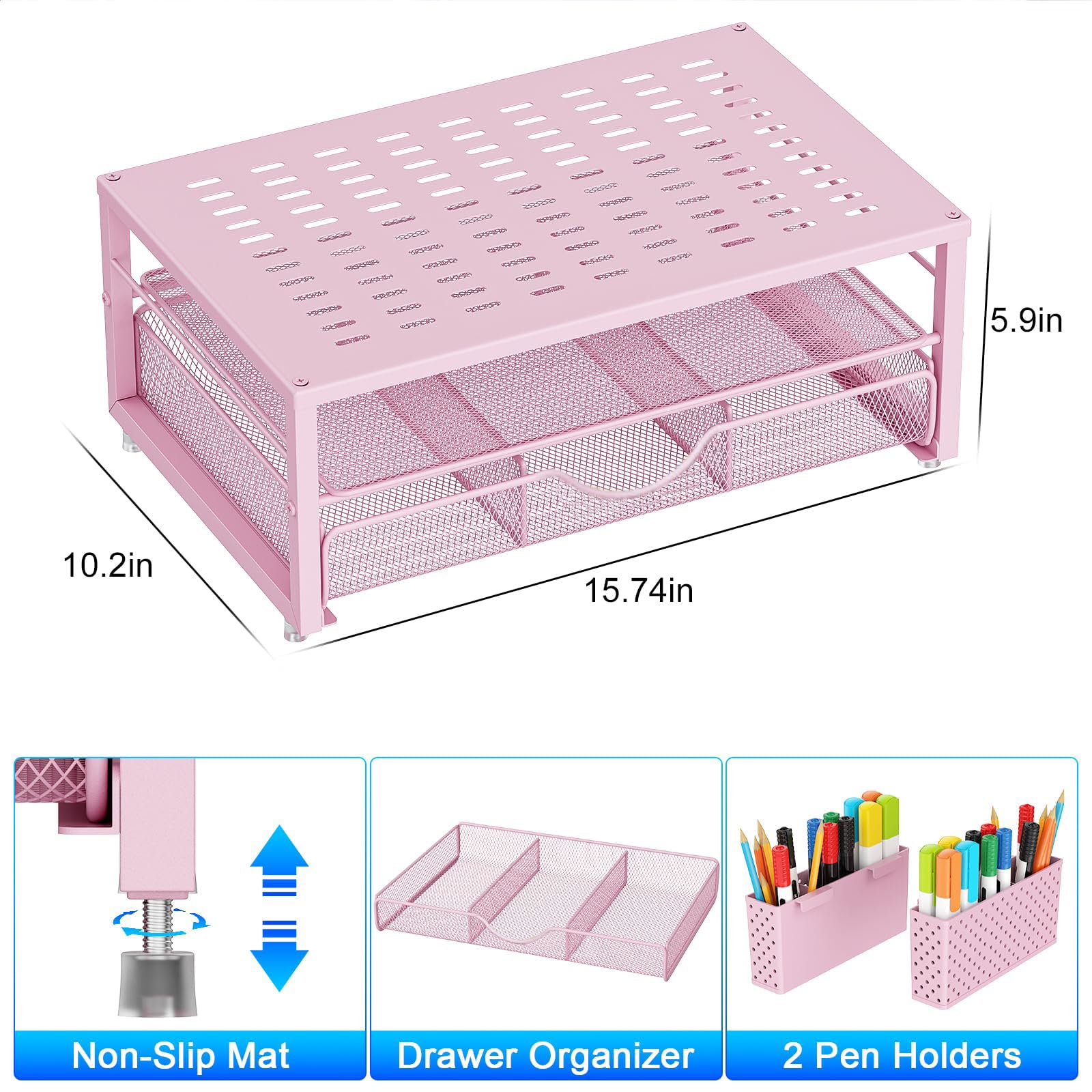 Supporto per Monitor con Cassetto, Accessori per Scrivania e Organizer con 2 Porta Penne, Supporto Ergonomico per Scrivania per Accessori da Ufficio (Rosa)