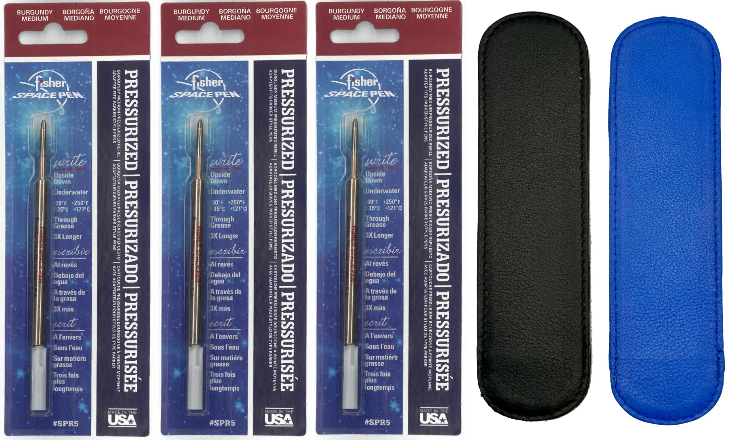 Pack of 3 Fisher Space Pen Medium Point Ink Refills with a Free LPC DIRECT Leather Pen Pouch (Burgundy)