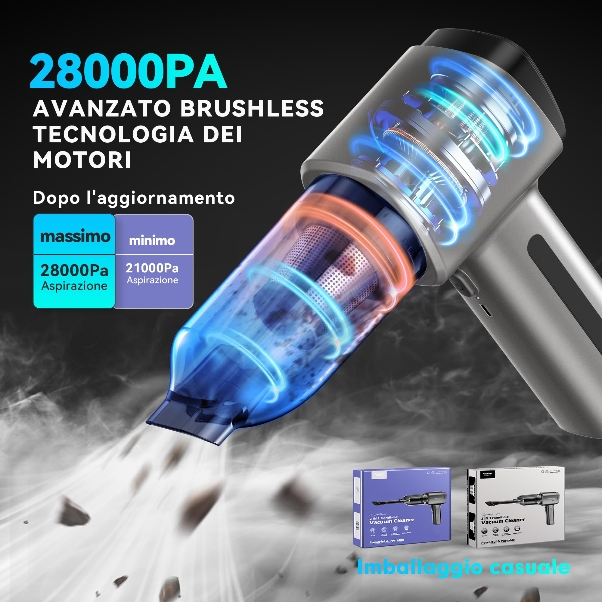 Aspirabriciole Senza Fili | 28000Pa Aspirapolvere Auto Potente │ Mini Portatile per Casa Auto Animali (Grigio)