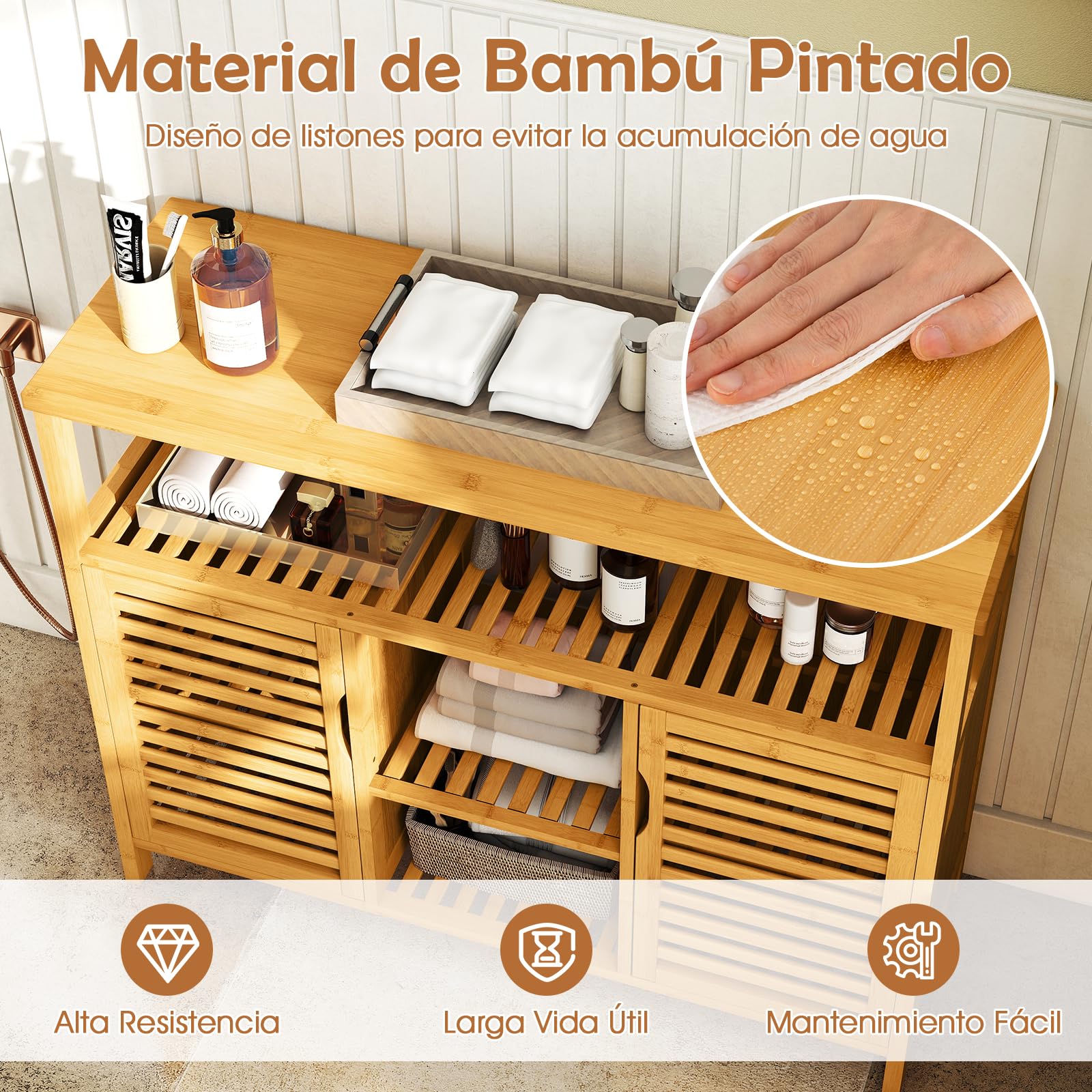 COSTWAY Armario y Aparador de Bambú, Aparador para Comedor con 2 Puertas y Estantes, Mueble Auxiliar de Almacenamiento para Salón Baño Cocina y Comedor, 100 x 35 x 80 cm, Natural