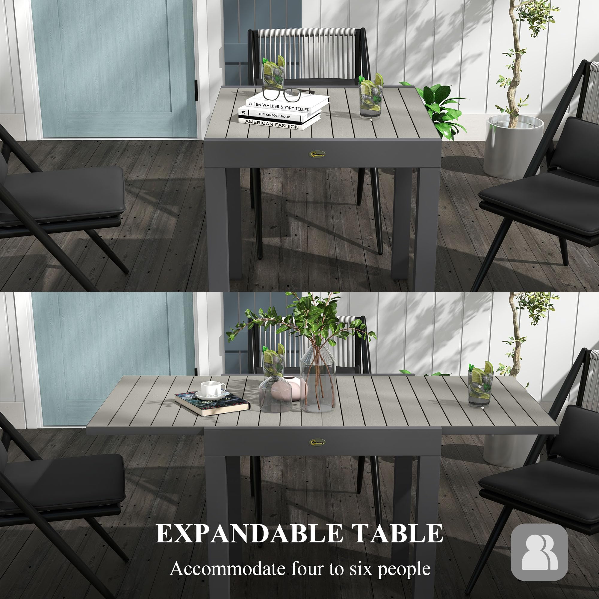Outsunny Mesa de jardín Mesa de Comedor para 6 Personas Mesa de Patio Extensible Mesa de balcón cargable hasta 70 kg Aluminio Gris 81/162 x 80 x 75 cm