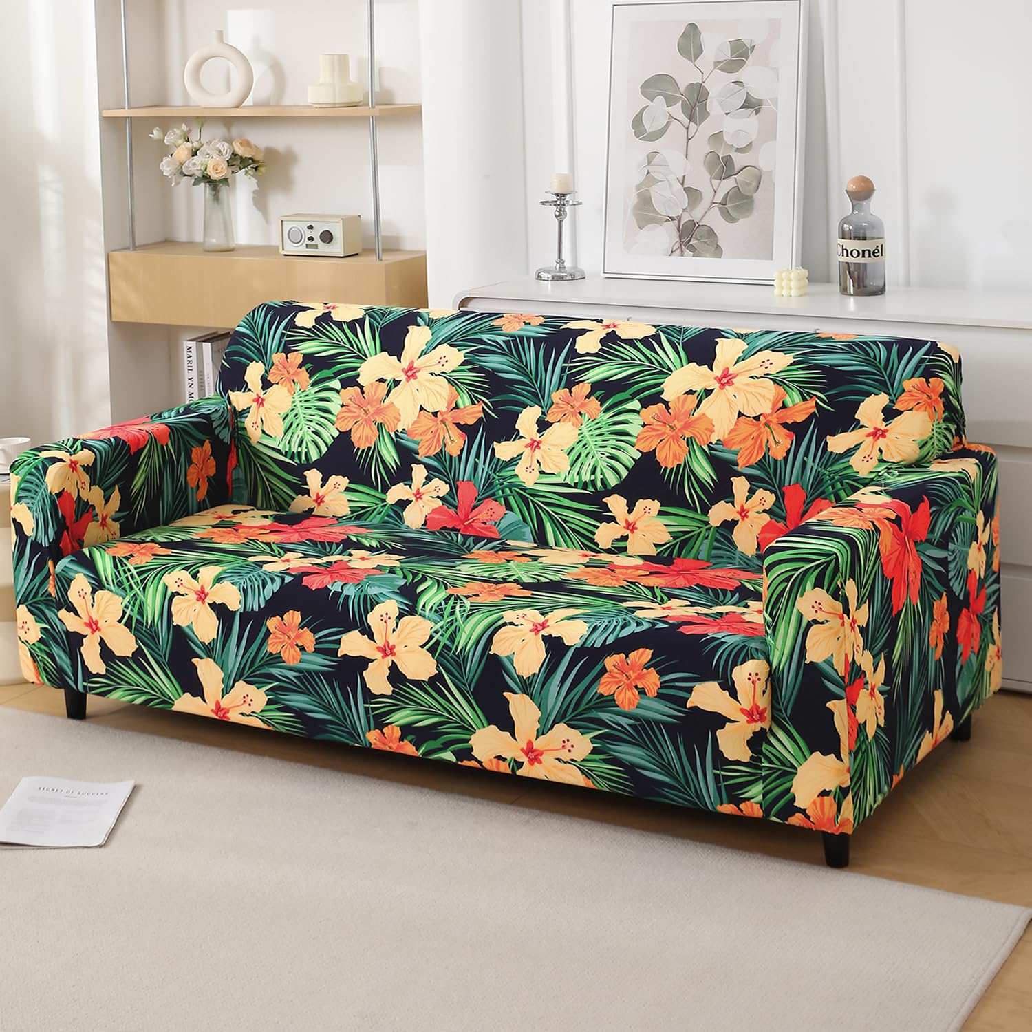 HOKIPO 4 Seater Sofa Cover - Grey Floral -26 HOKIPO 4 Seater Sofa Cover - Grey Floral -26