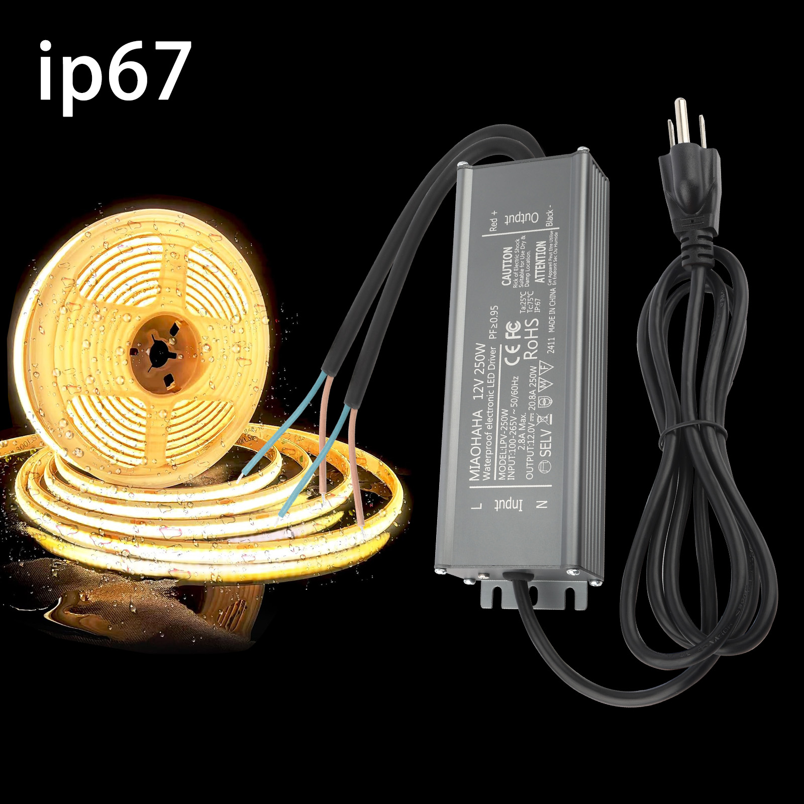 Image of LED Driver 12V 250W, Waterproof IP67 LED Power Supply, AC 110V to DC 12 Volt Low Voltage Transformer with 3-Prong Plug 3.3 Feet Cable for DC Indoor Outdoor LED Light, Computer Project