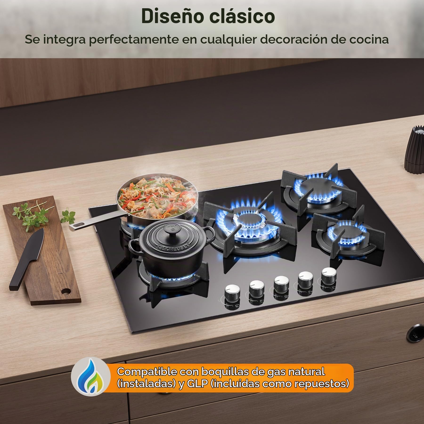 SNDOAS Placa de Gas 5 Fogones 70cm, Natural/Propano, 10400 W | Vidrio Templado Negro, Válvula de Seguridad, Parrillas en Hierro Fundido, 220-240 V