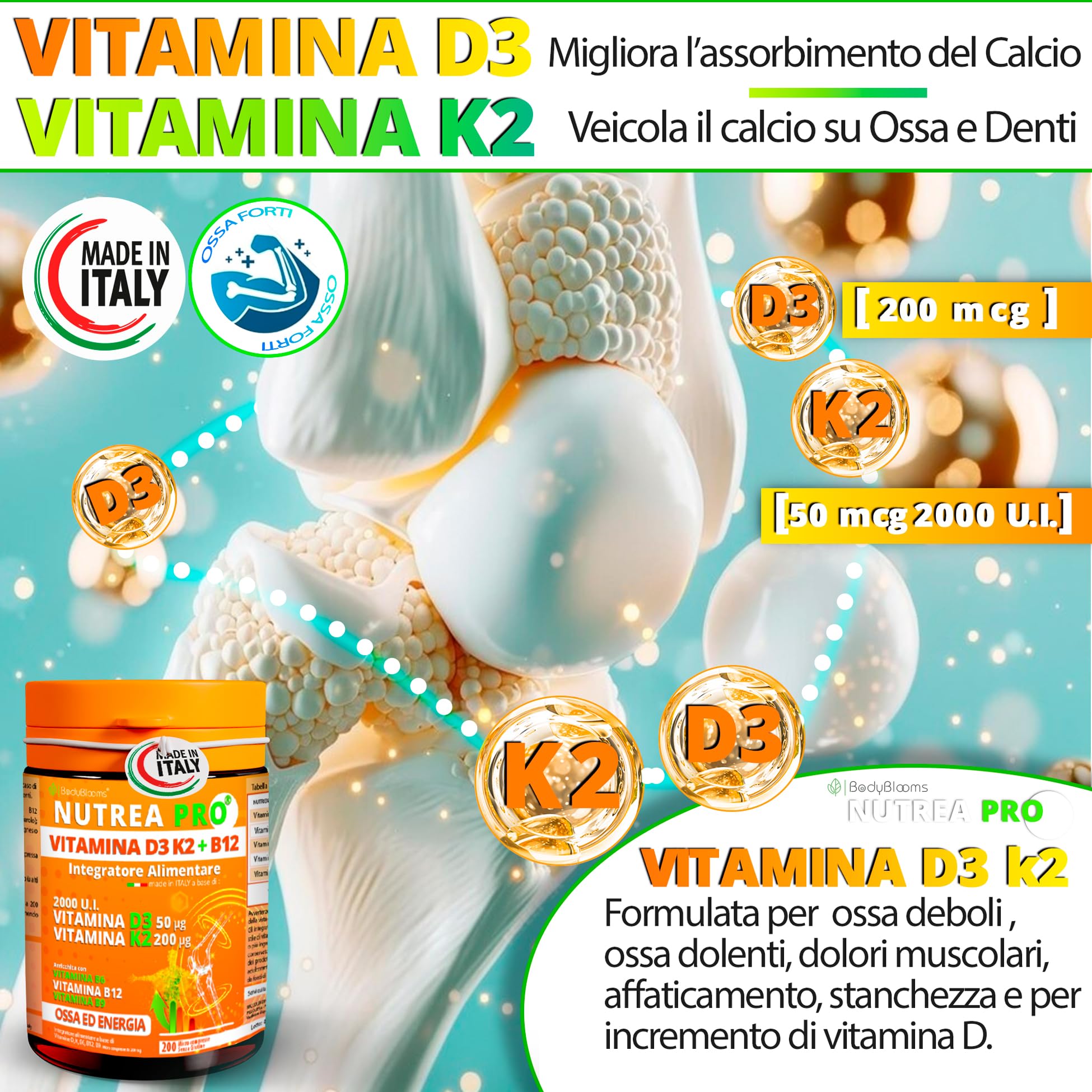 Vitamina d3 k2 2000UI - 200 Micro Compresse vit d3 k2 Arricchite con B12 e Acido folico. Supporto completo per ossa, muscoli ed energia - Integratore di Vitamina D senza glutine. Made in Italy