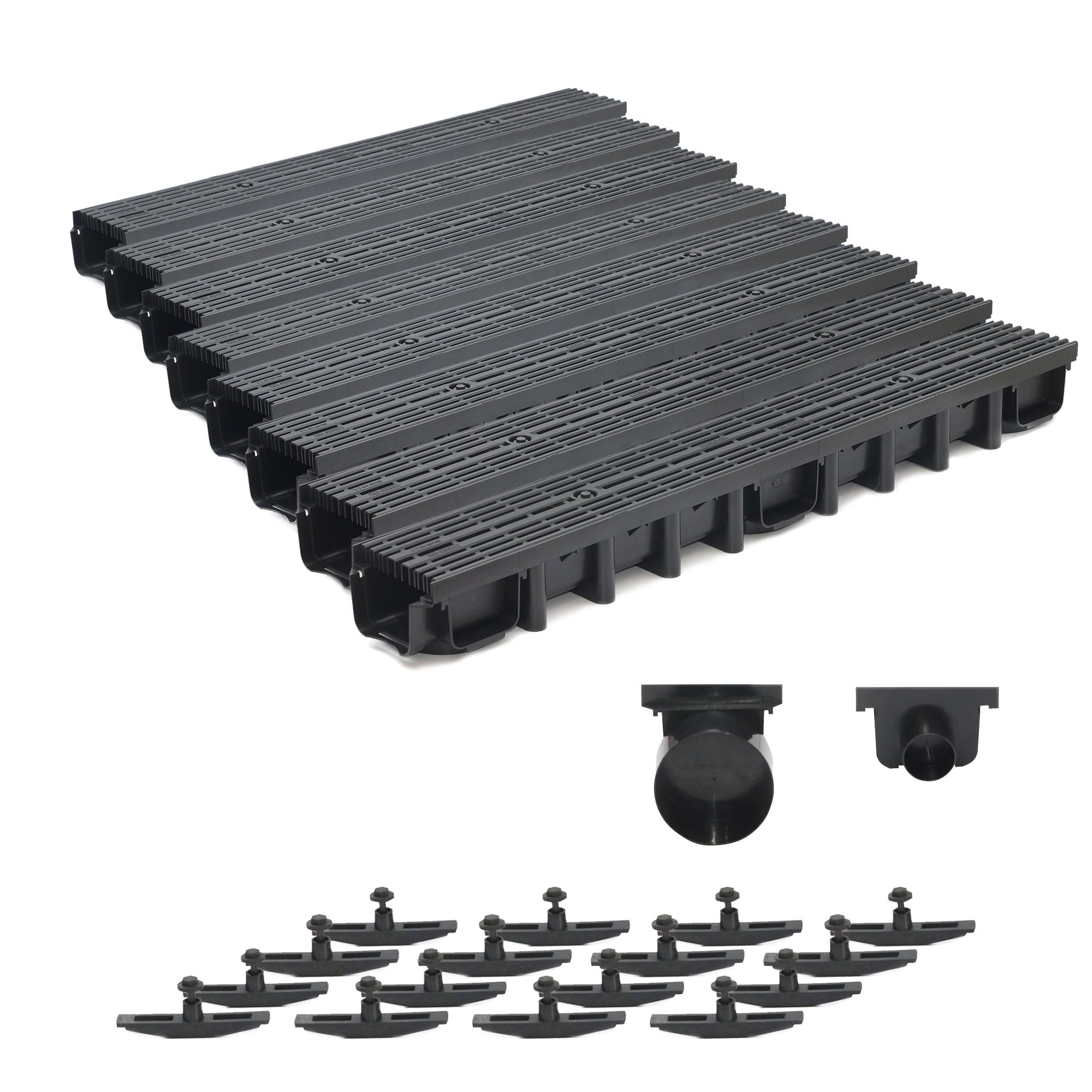 8m Entwässerungsrinne für modulares System A15 98mm, komplett Stegrost Kunststoff, Schwarz Line