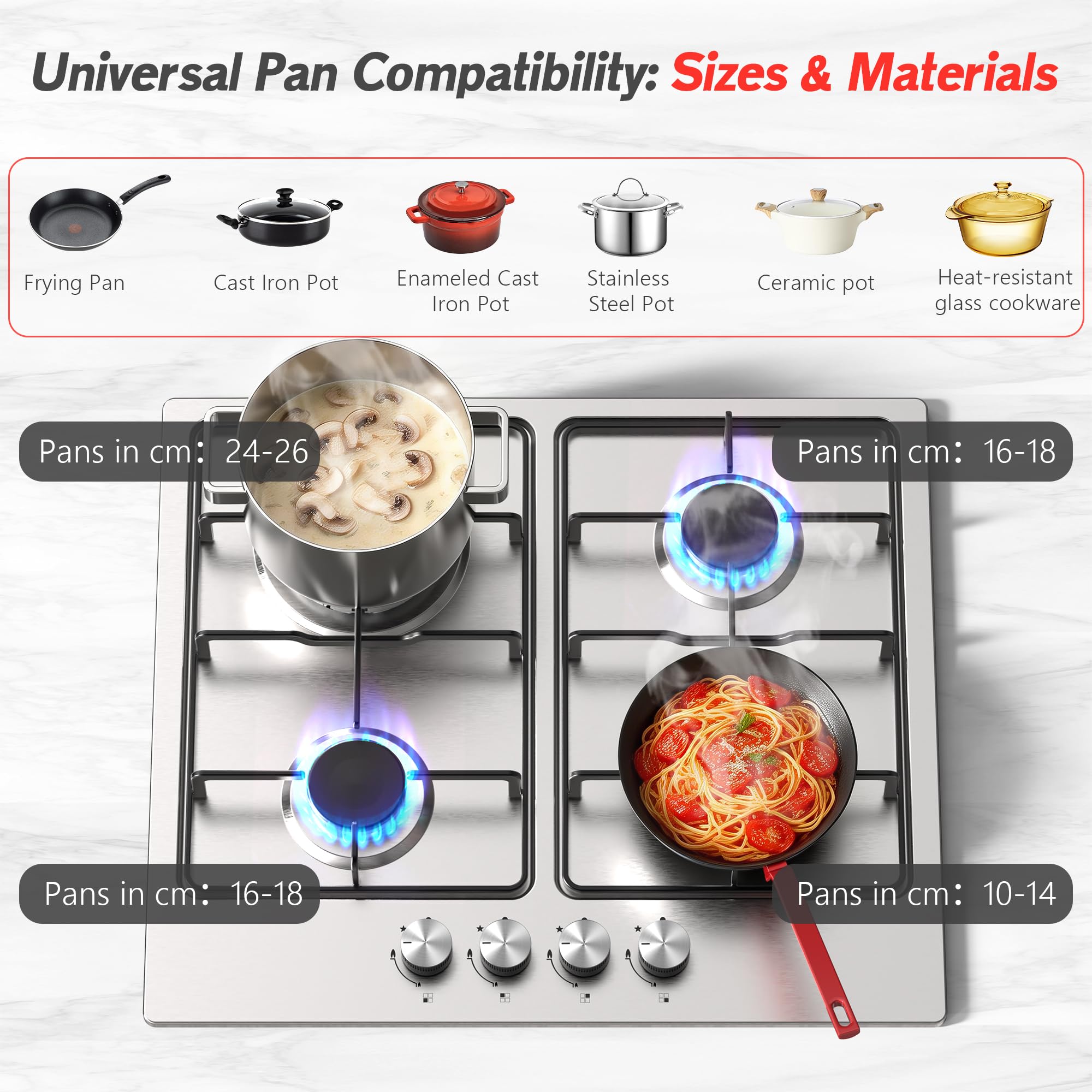 Traenvir Built-in Gas Hob, 7800W 4 Burners Stainless Steel Cooktop with Flame Failure Device, LPG/Natural Gas Convertible, 60 cm — view 5