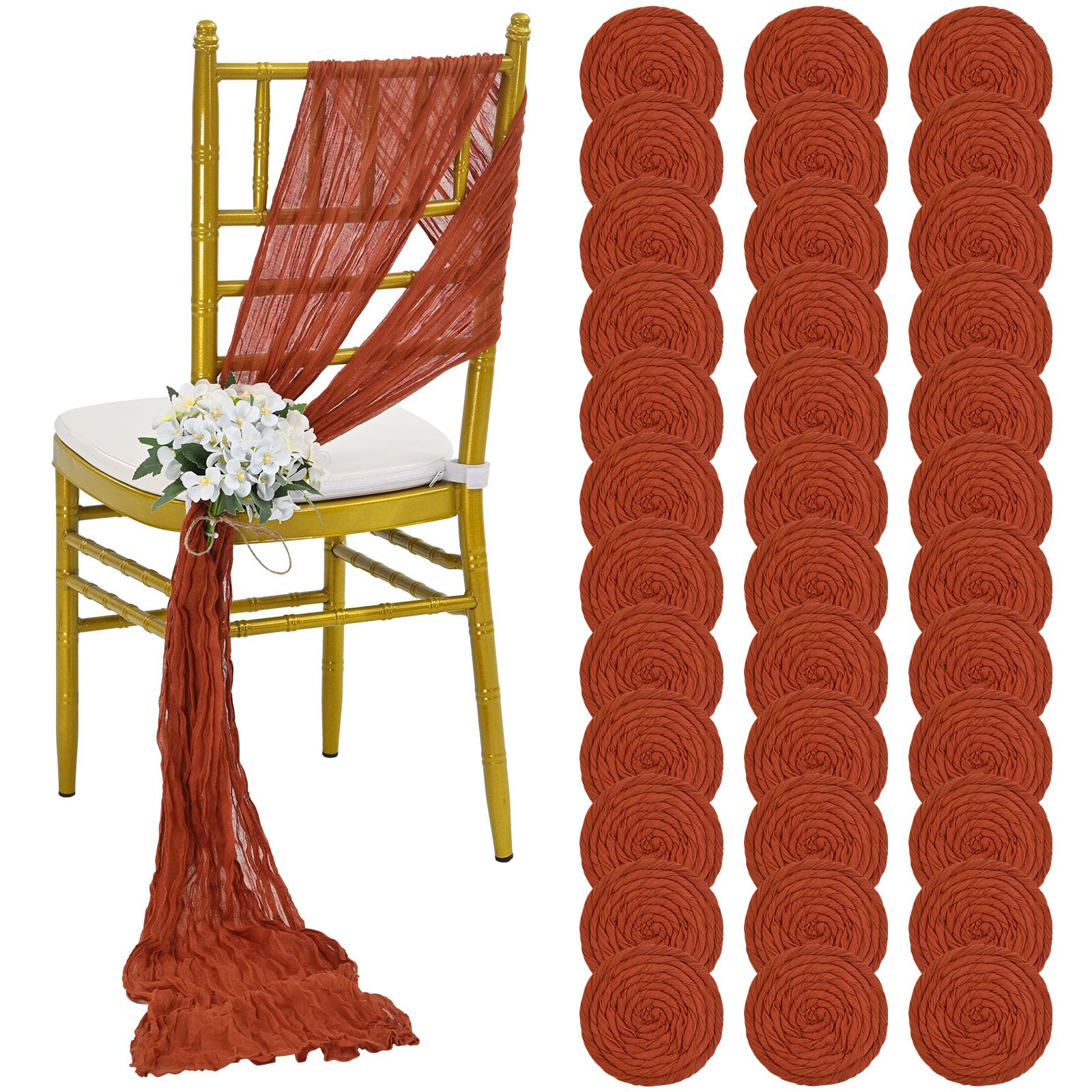 REWOMC 36 Pcs Terracotta Cheesecloth Chair Sashes, 16 x 108 inch Gauze Fabric Washable Chair Sashes Bows Designed for Aisle Decorations Universal Chair Cover Decor for Wedding Reception Party Banquet
