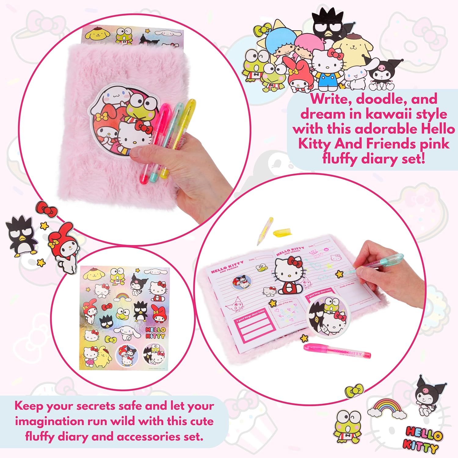 Toyland® Hello Kitty And Friends Pink Fluffy Diary Set - Fluffy Diary, 3 Mini Gel Pens, And Stickers - Girls Stationery Gift Set - Diaries, Journals & Notebooks - Ages 3+