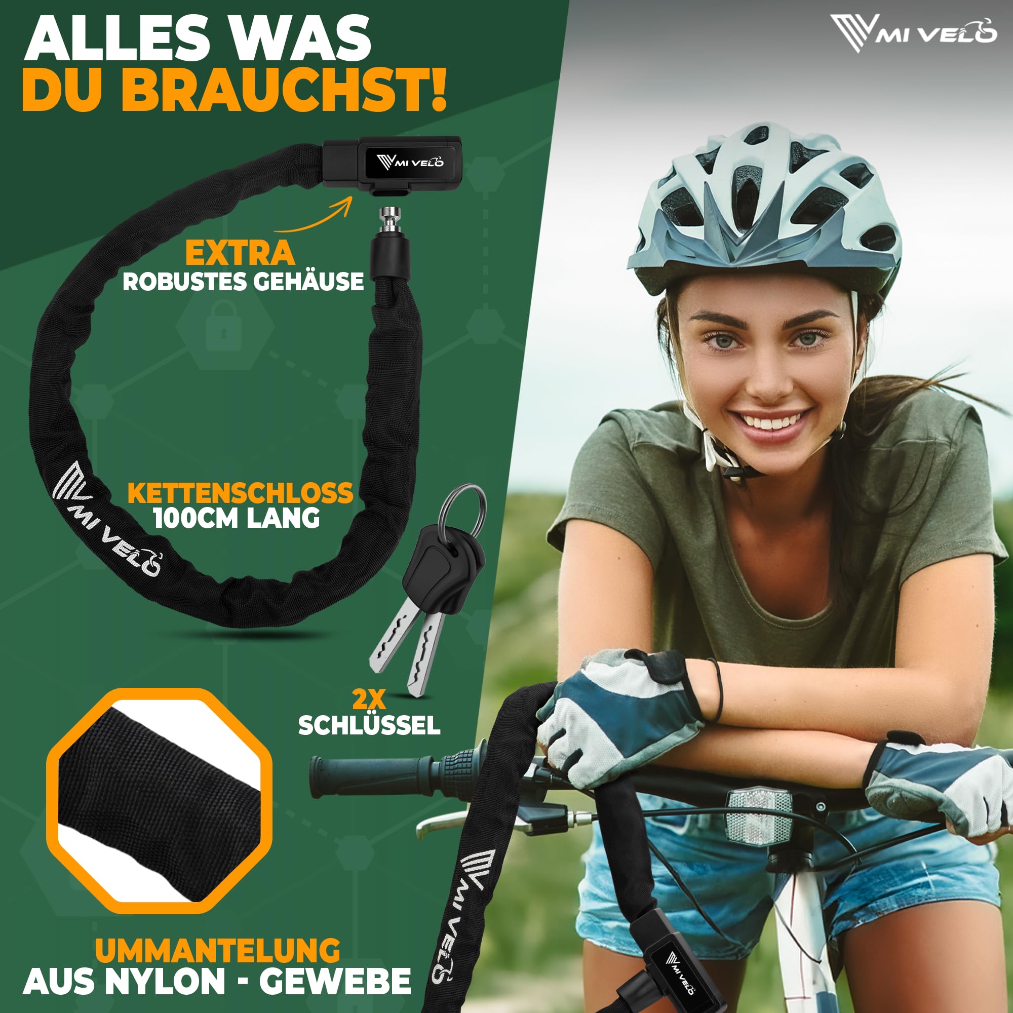 MIVELO Fahrradschloss Kettenschloss hohe Sicherheit 100cm lang I Fahrrad Schloss 8mm gehärteter Stahl I Radschloss ideal für E Bike, MTB & Rennrad I Bike Lock (mit Schluessel)