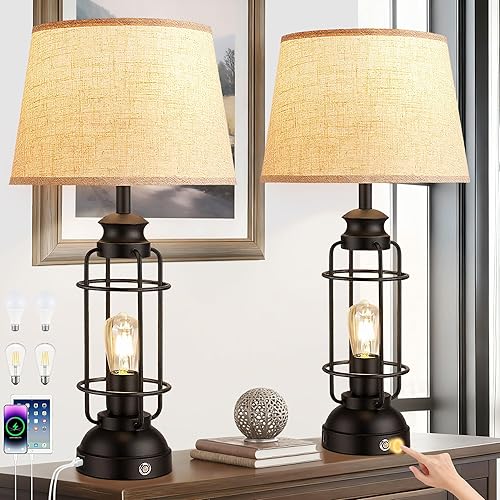 Miniatura 11 de Lámparas de Mesa de 28" para Sala de Estar Juego de 2, Lámparas Táctiles Regulables de 3 Vías con Puertos USB A+C, Lámparas de Mesa Estilo Granja
