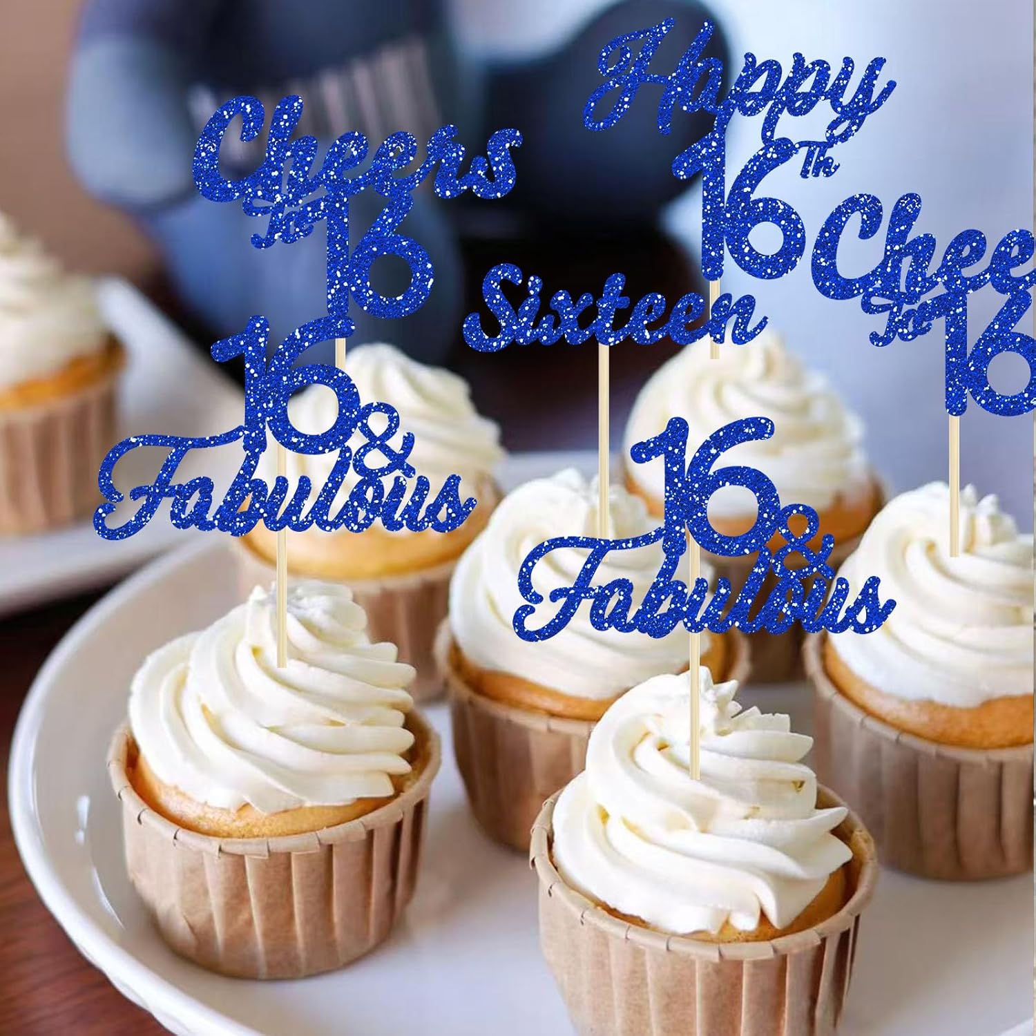 24 Pack Happy 16th Birthday Cupcake Toppers Blue Glitter Sixteen Cheers to 16 Years Old Birthday Cake Picks for Sweet 16 Anniversary Party Cake Decorations Supplies - Image 4