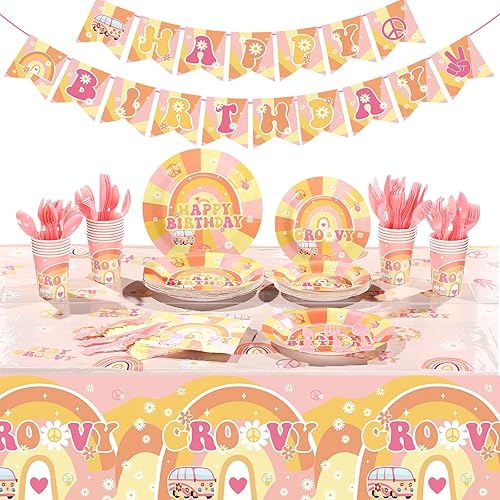 Miniatura 1 de Juego de vajilla de 189 piezas para fiesta de cumpleaños, Groovy Boho Hippie Daisy Mantel para 24 invitados, platos de postre, tazas y servilletas