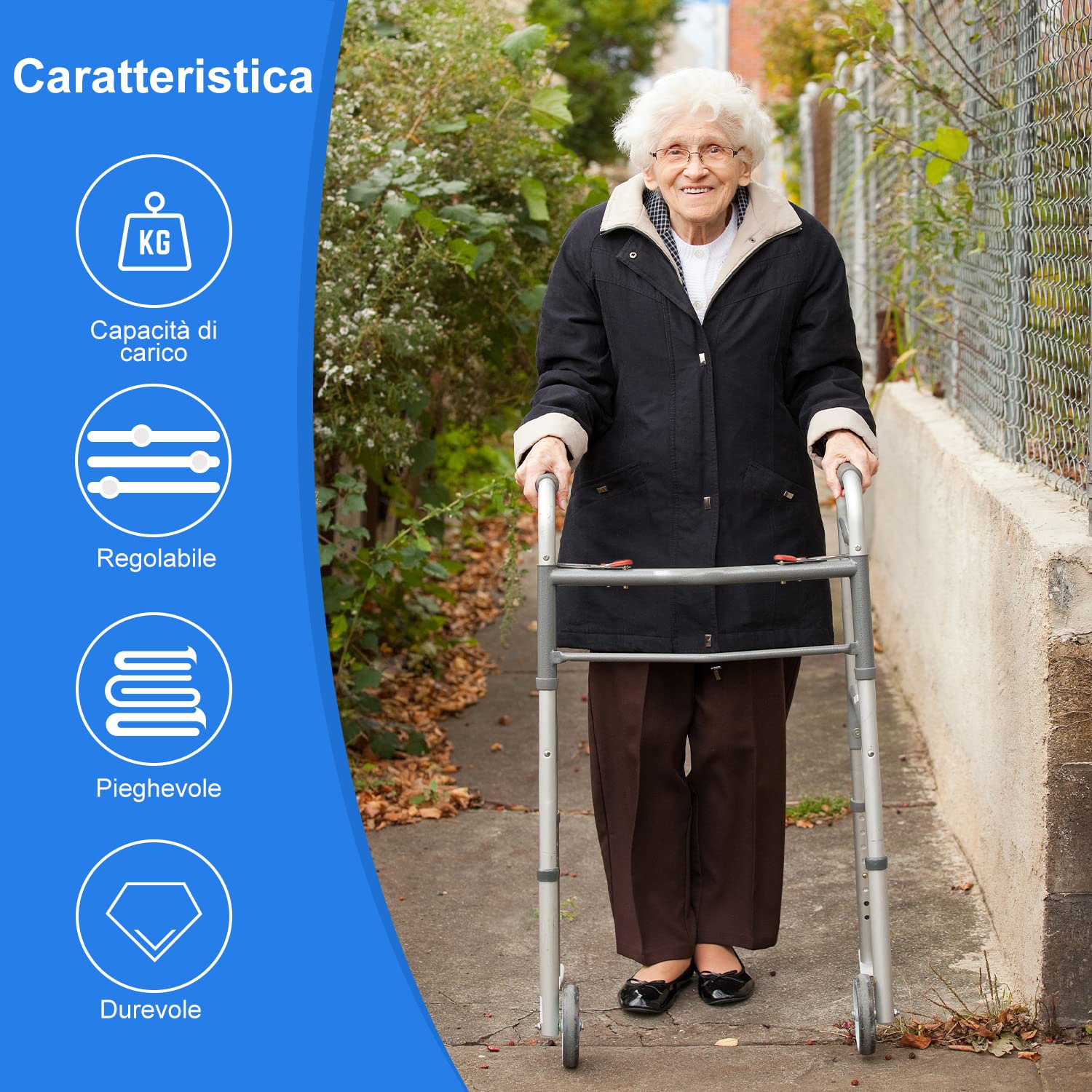 supregear Deambulatore Pieghevole Standard, Deambulatore Pieghevole Alluminio in Lega Regolabile a due Pulsanti con Ruote da 13 cm per Anziani Disabili Feriti, Supporto Fino a 226,8 kg, Argento